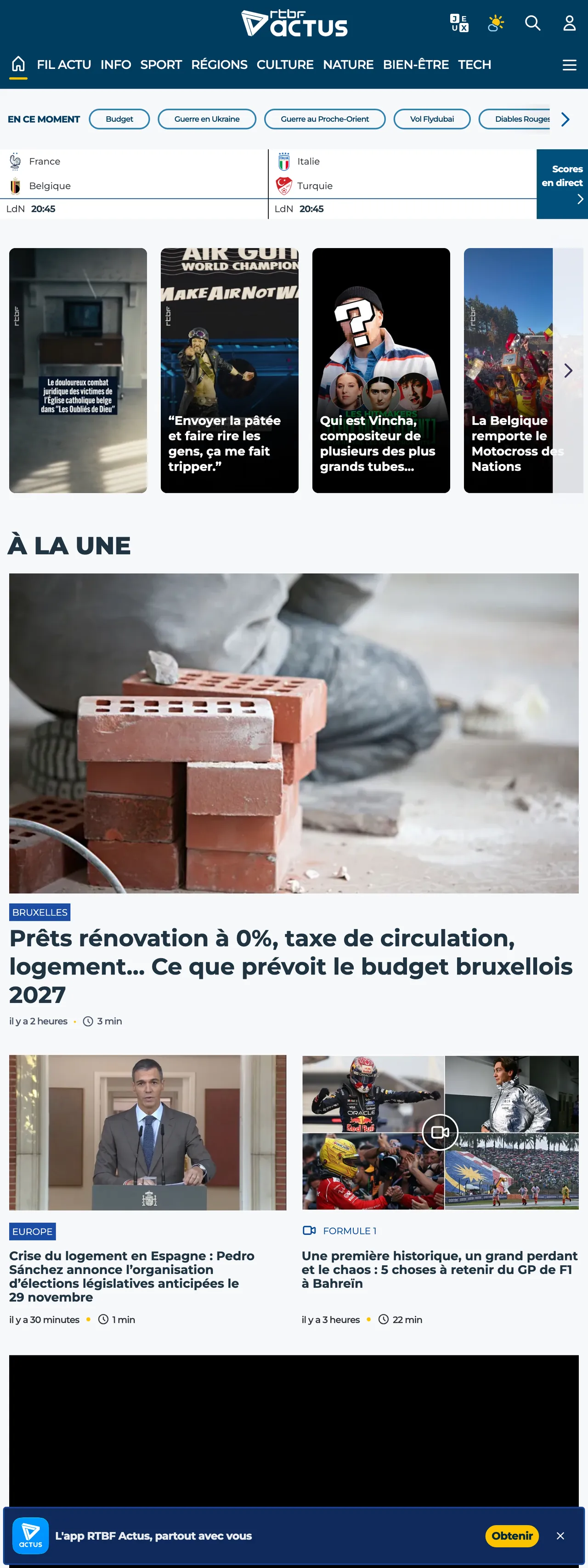 Screenshot of the RTBF front page