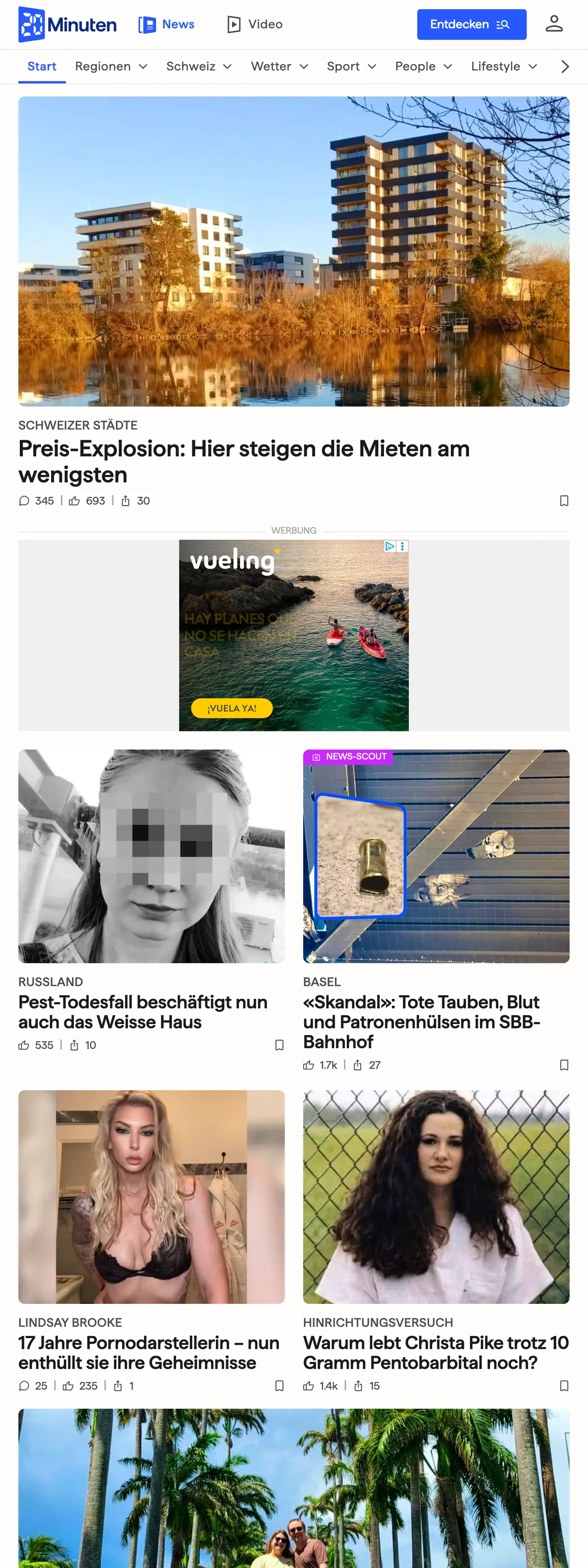 Screenshot of the 20 Minuten front page