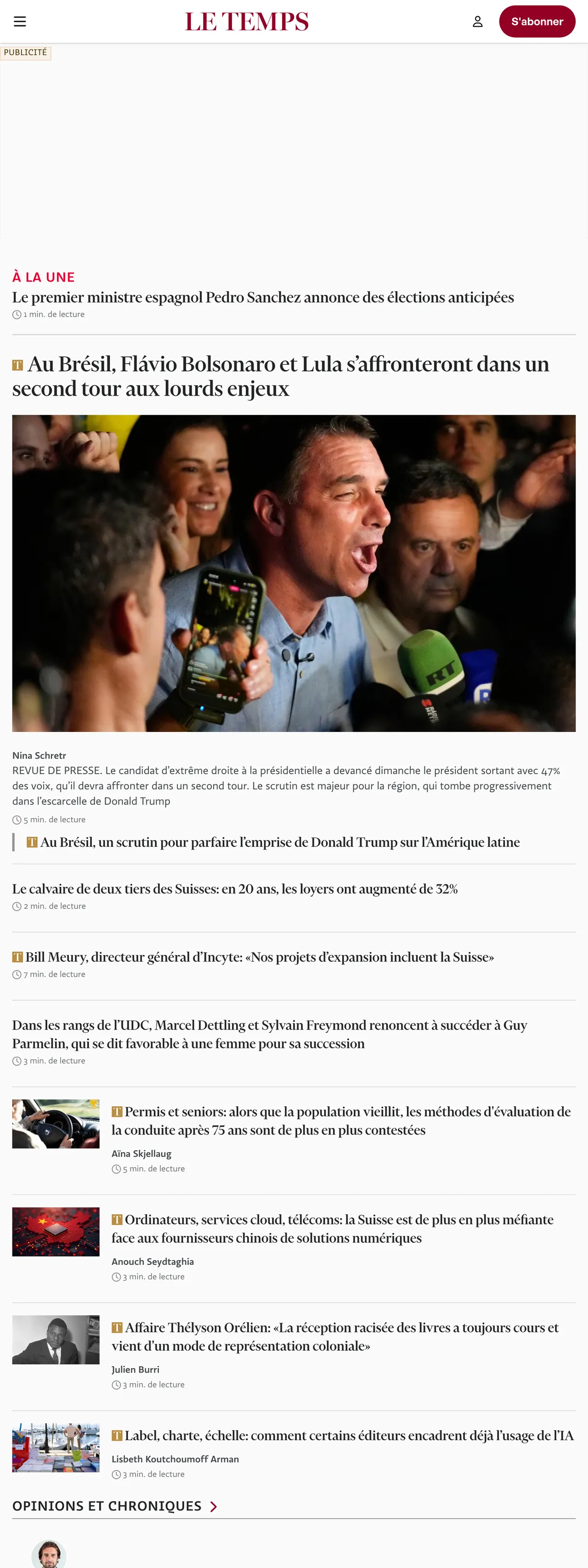 Screenshot of the Le Temps front page