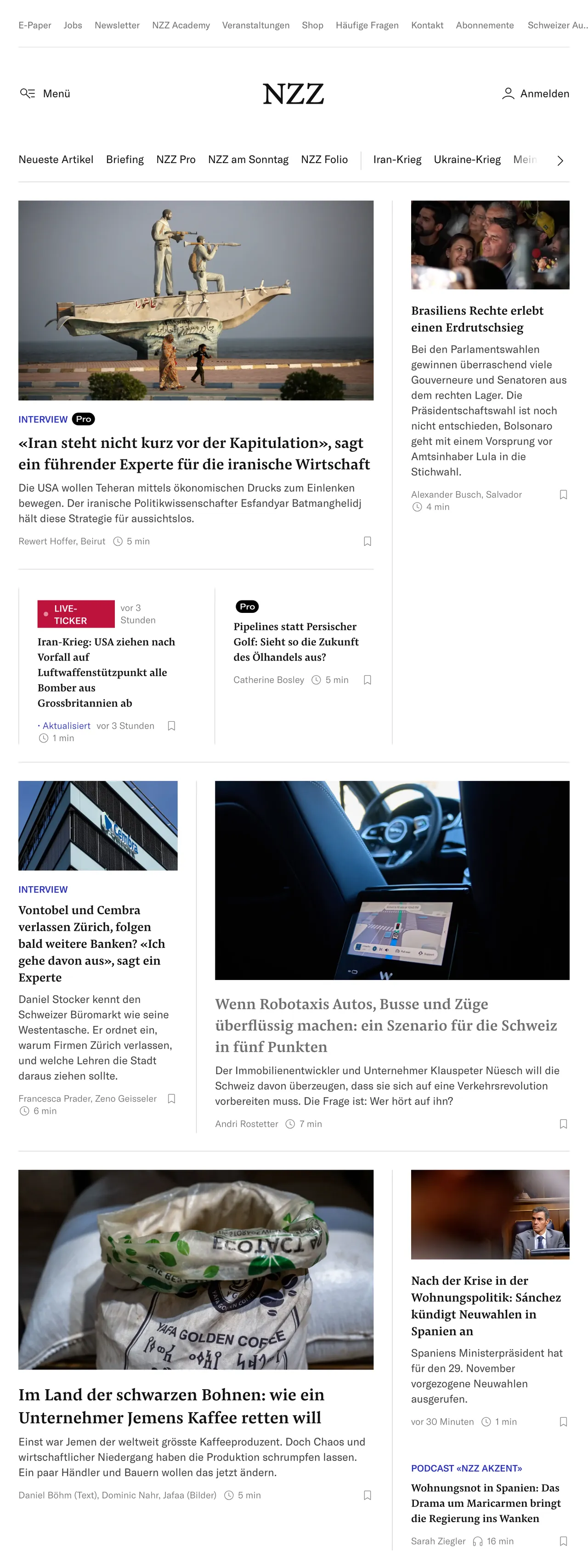 Screenshot of the Neue Zürcher Zeitung front page