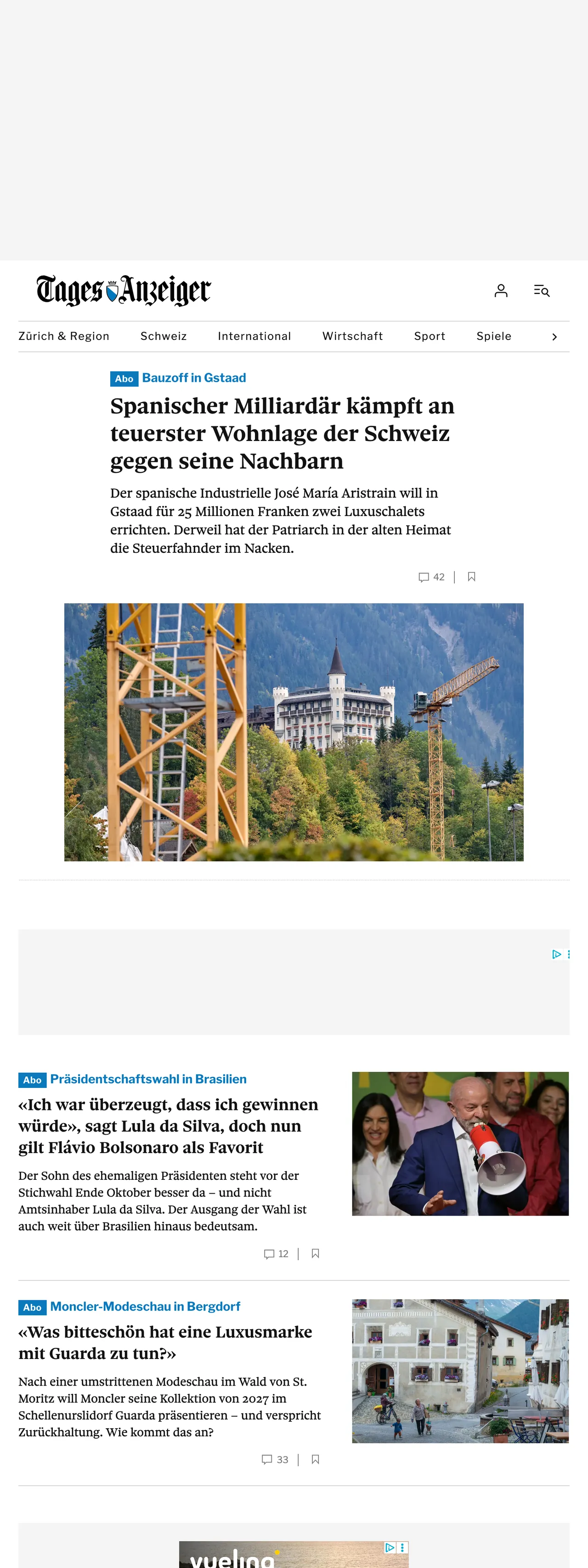 Screenshot of the Tages-Anzeiger front page