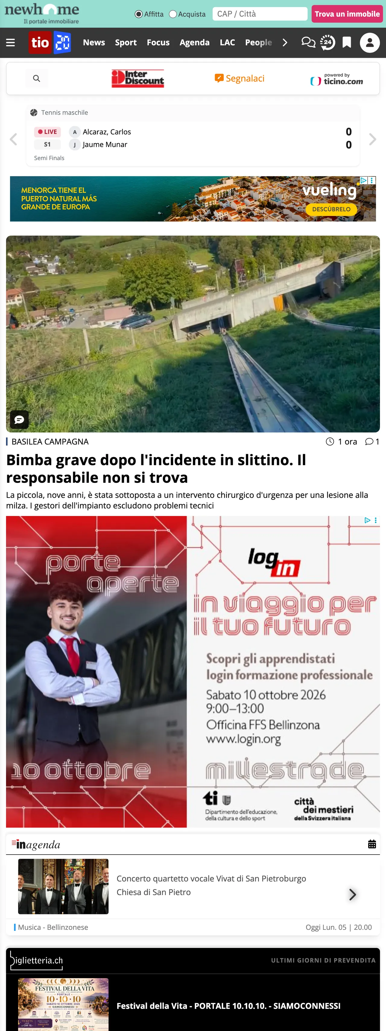 Screenshot of the Ticinonline front page