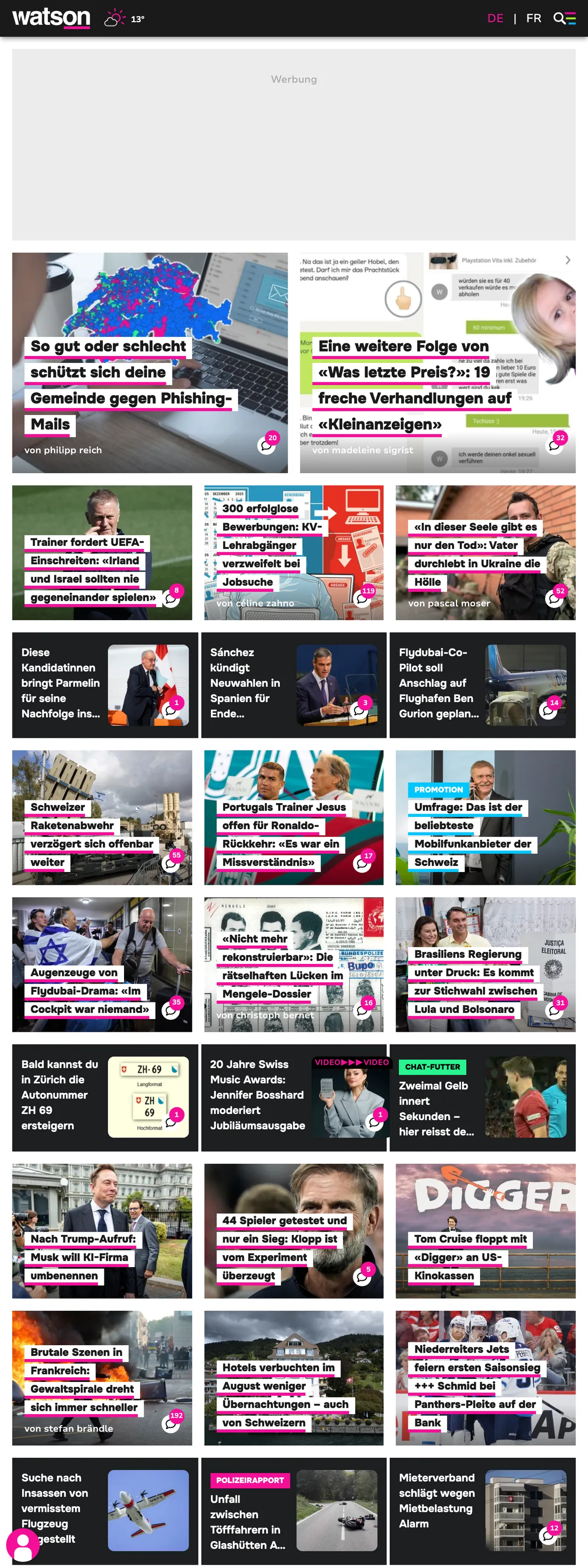 Screenshot of the watson front page