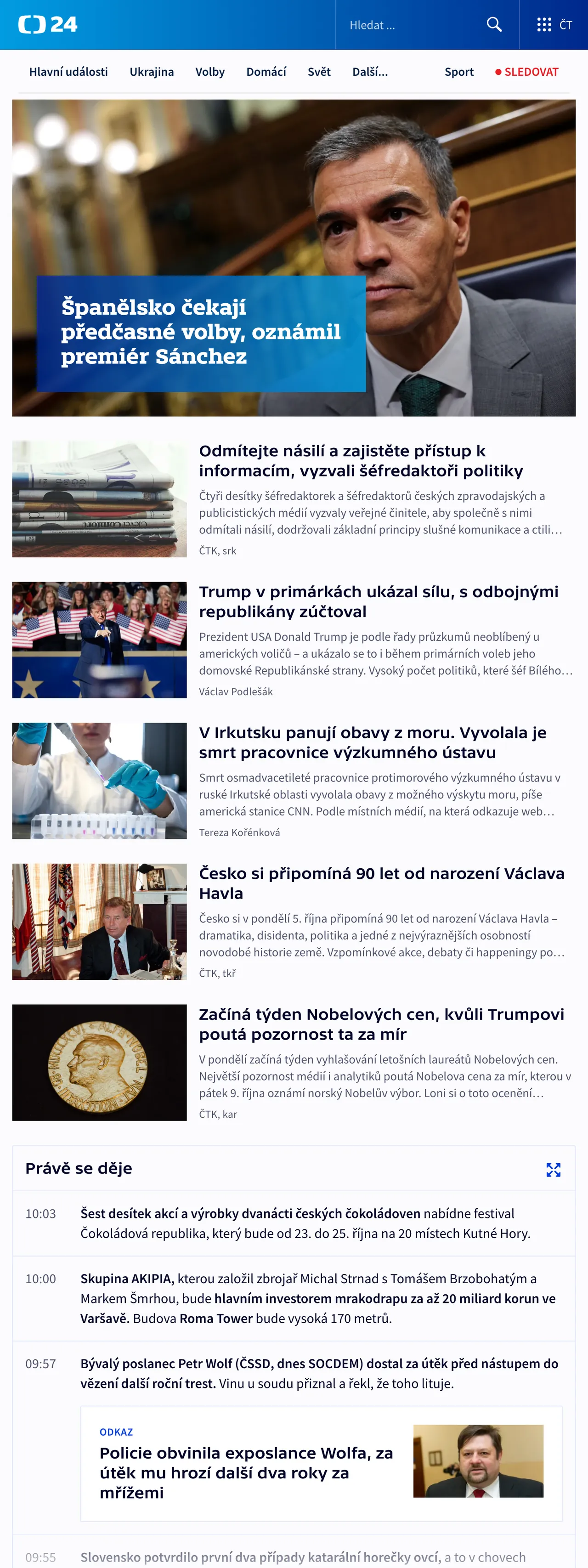 Screenshot of the ČT24 front page