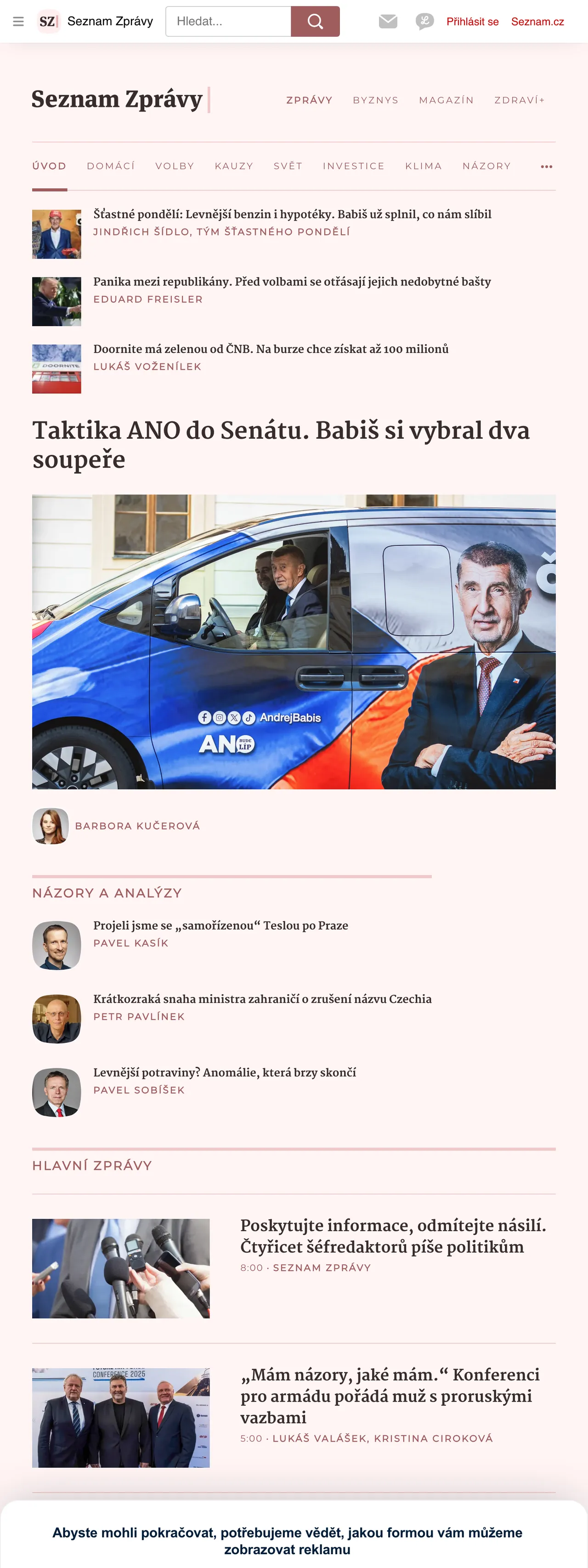 Screenshot of the Seznam Zprávy front page