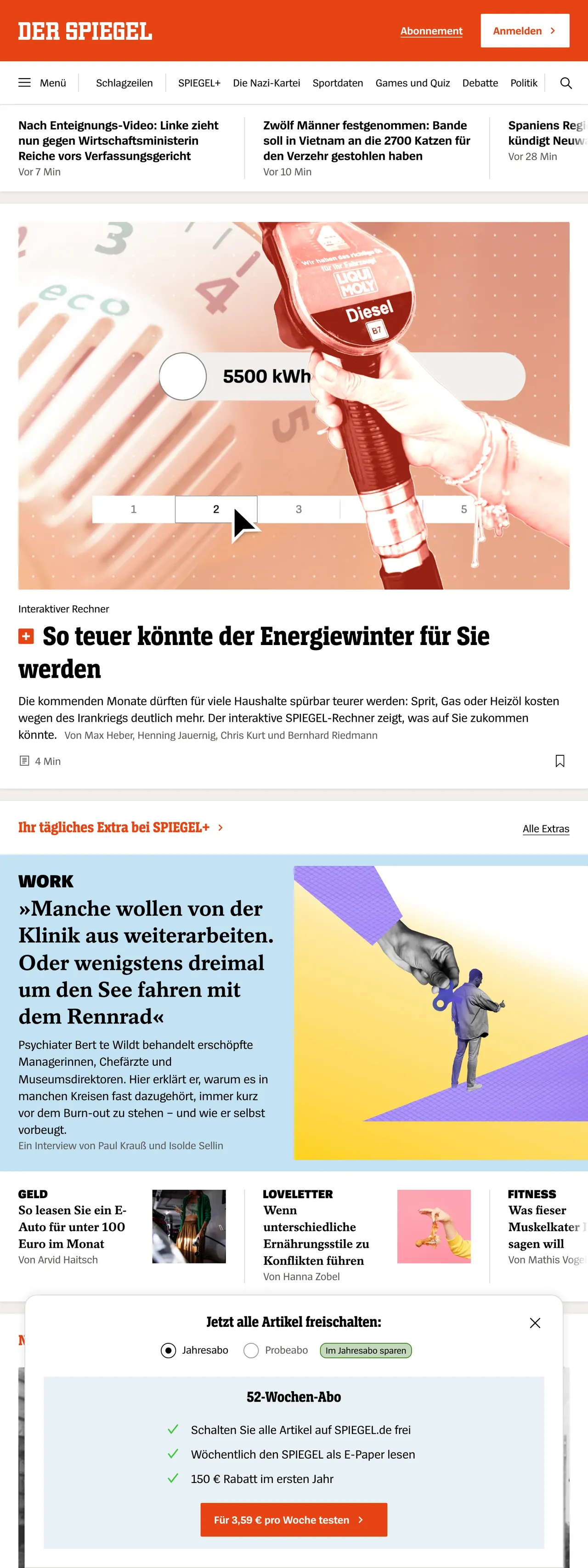 Screenshot of the DER SPIEGEL front page