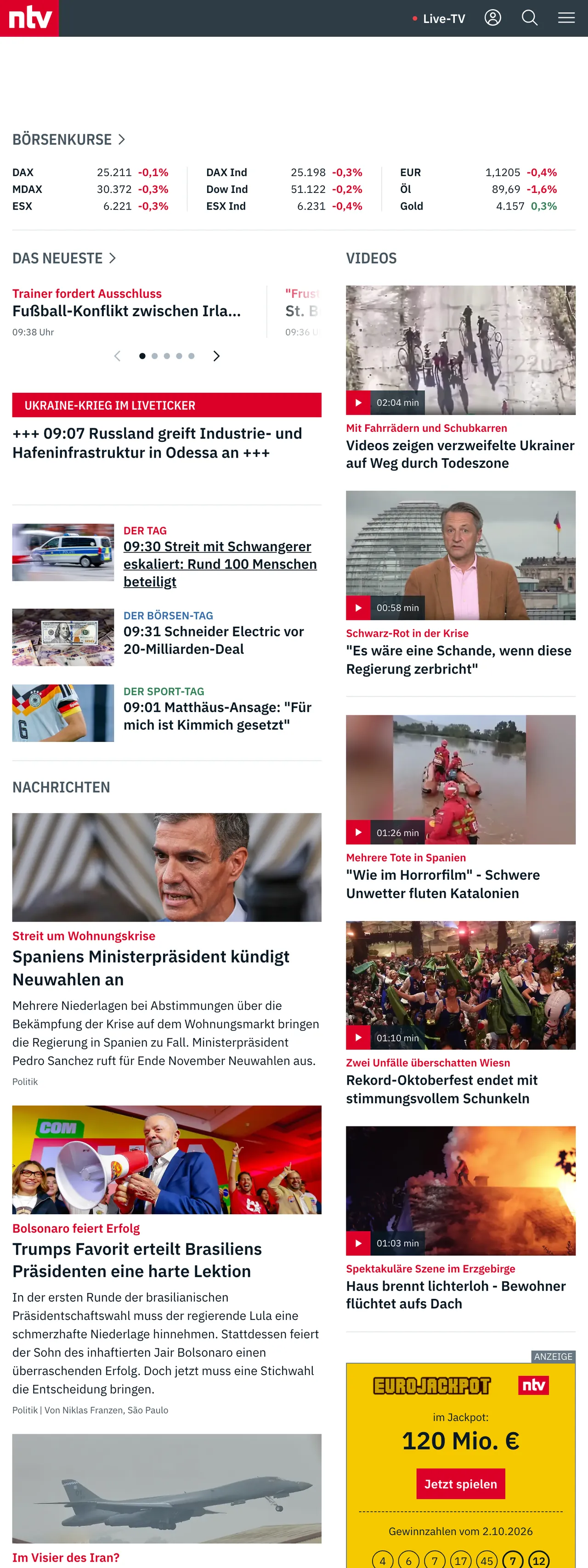 Screenshot of the n-tv front page