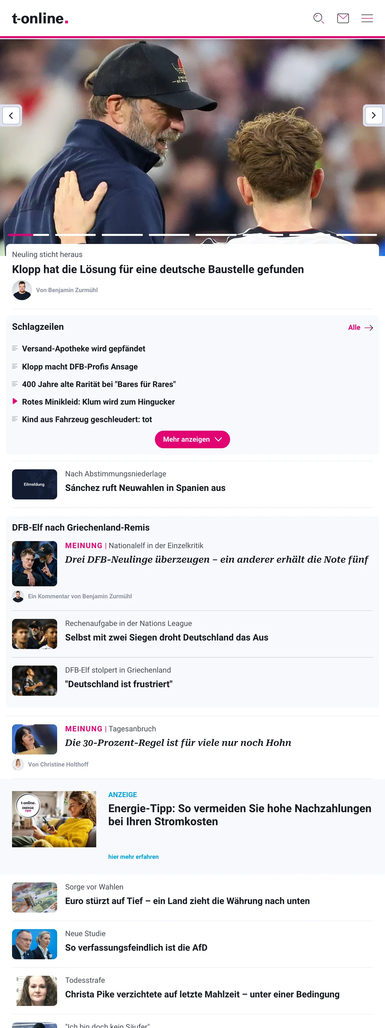 Screenshot of the t-online front page