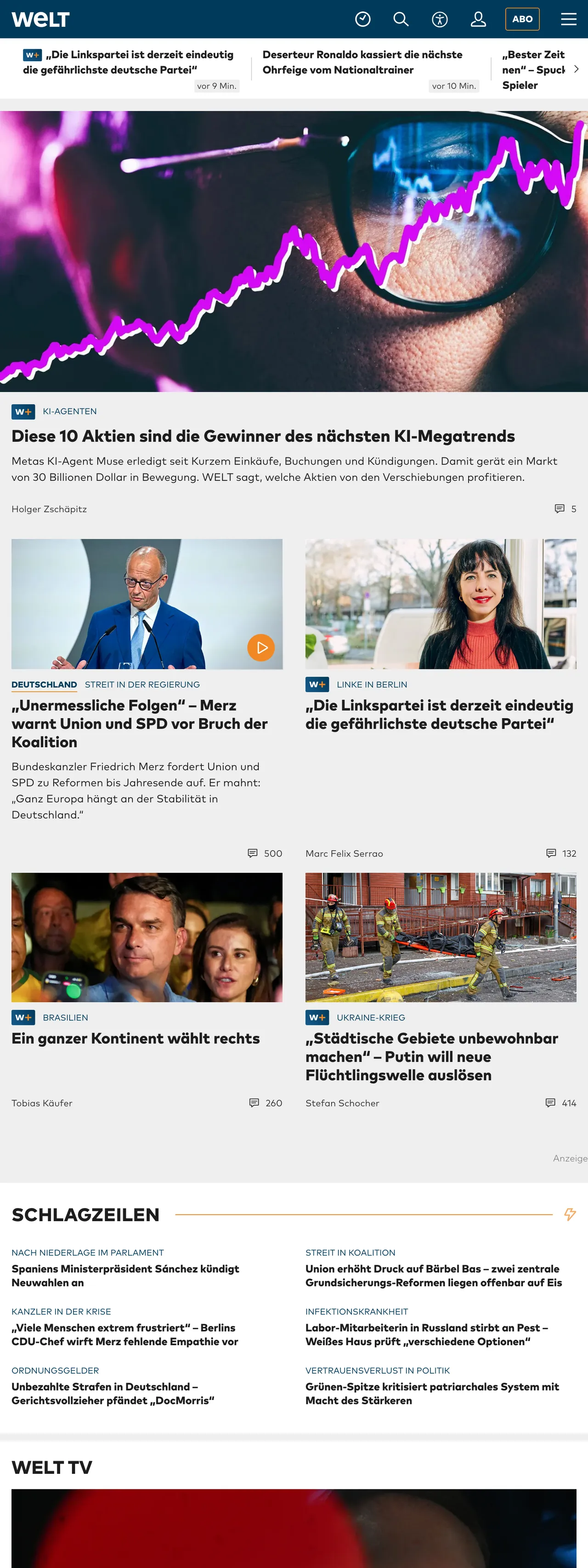 Screenshot of the WELT front page