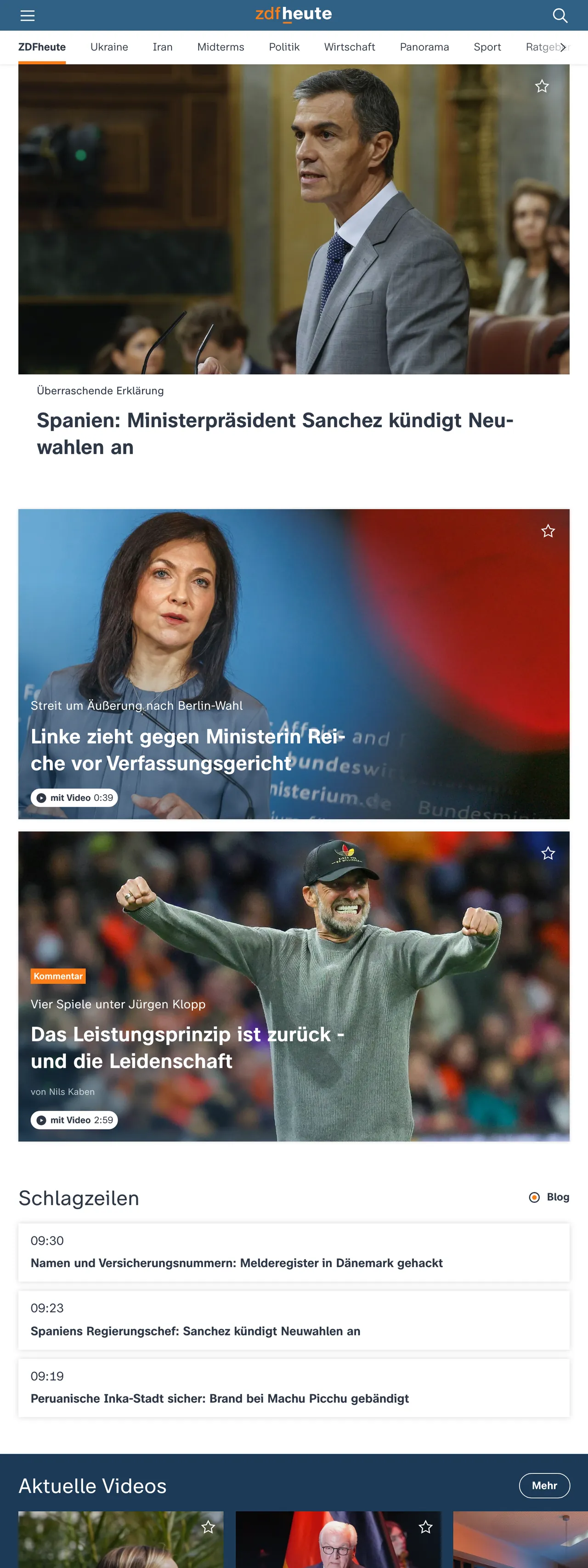 Screenshot of the ZDFheute front page
