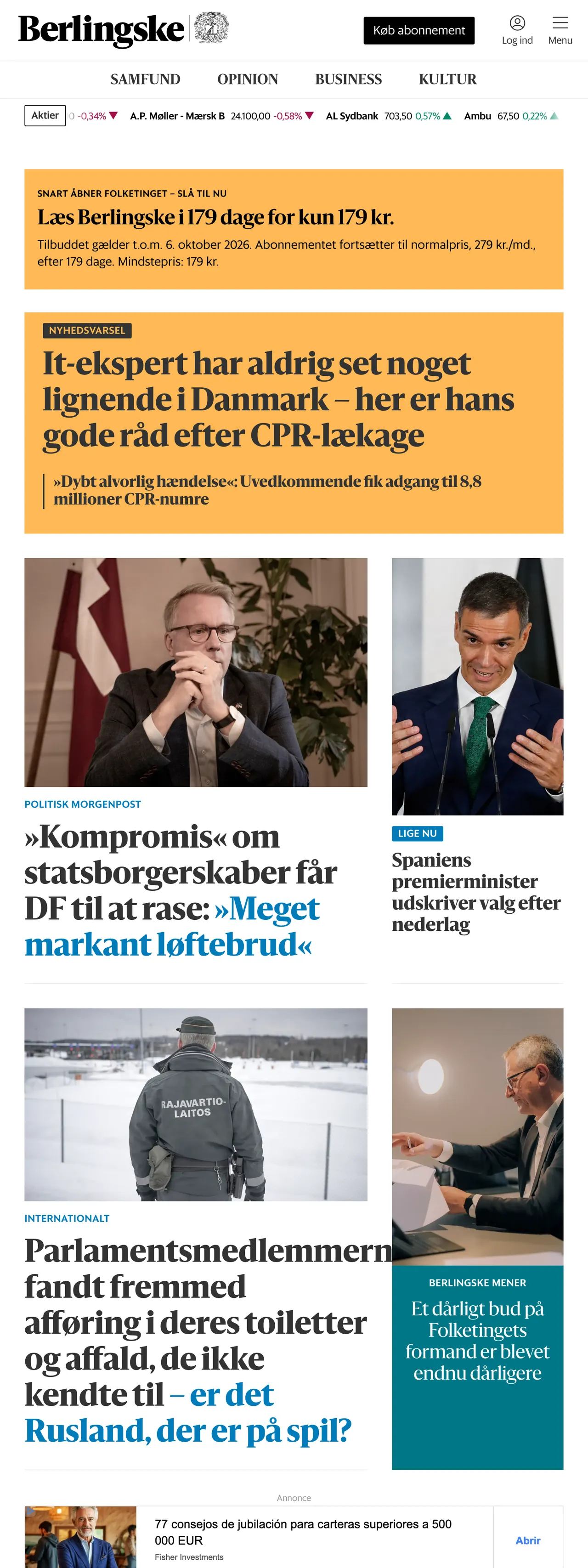 Screenshot of the Berlingske front page