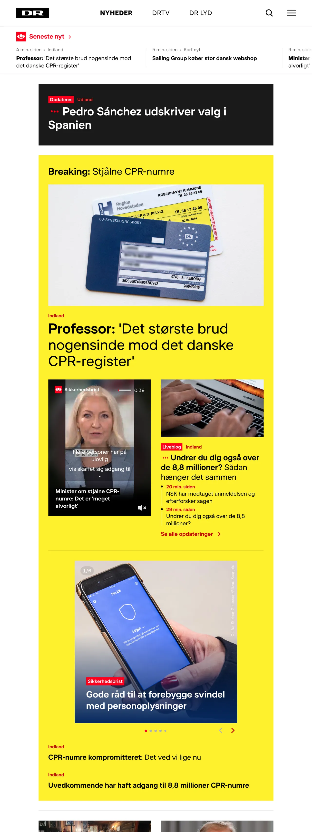 Screenshot of the DR front page
