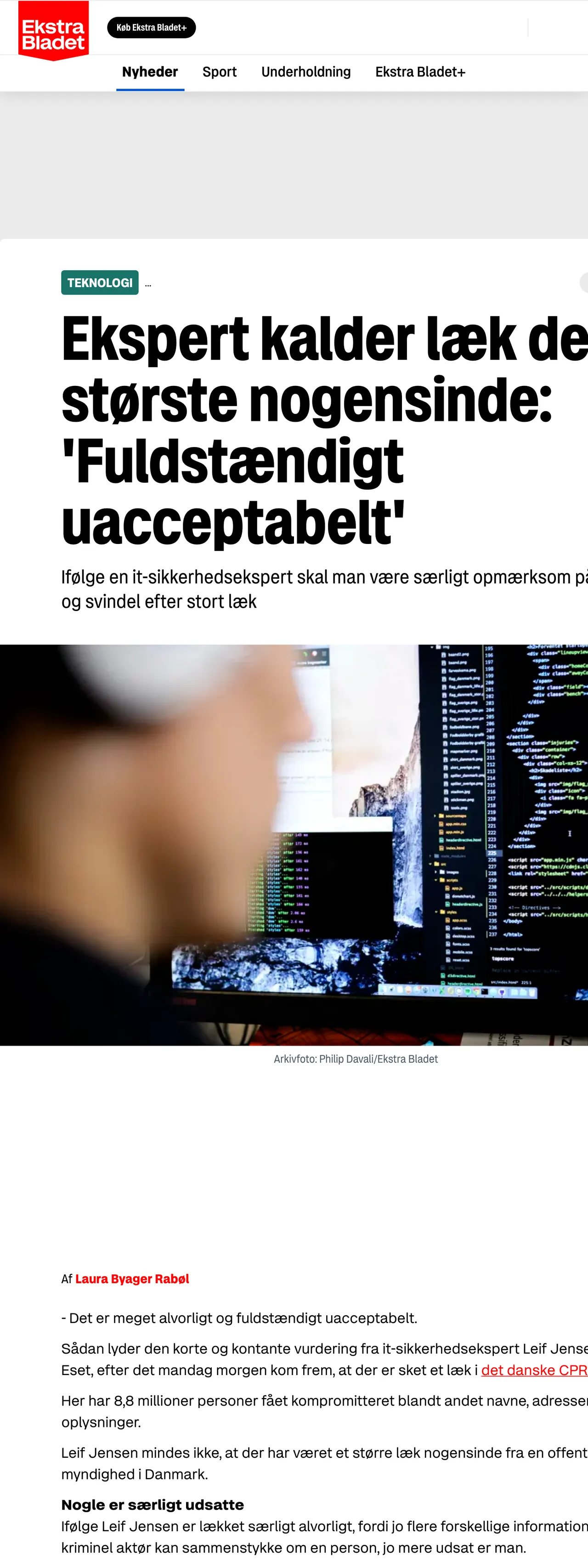Screenshot of the Ekstra Bladet front page