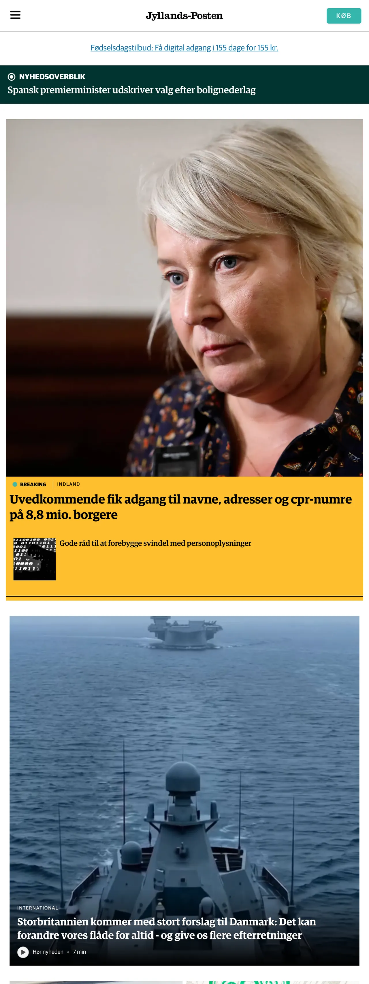 Screenshot of the Jyllands-Posten front page