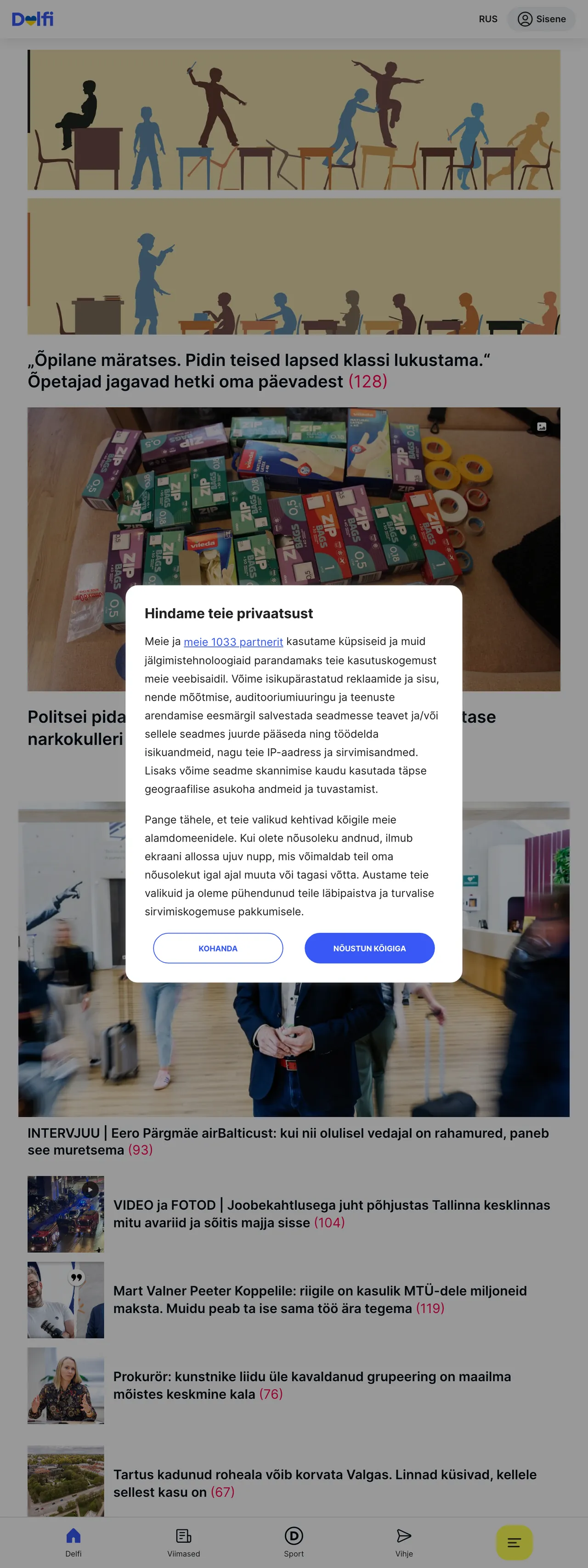 Screenshot of the Delfi front page