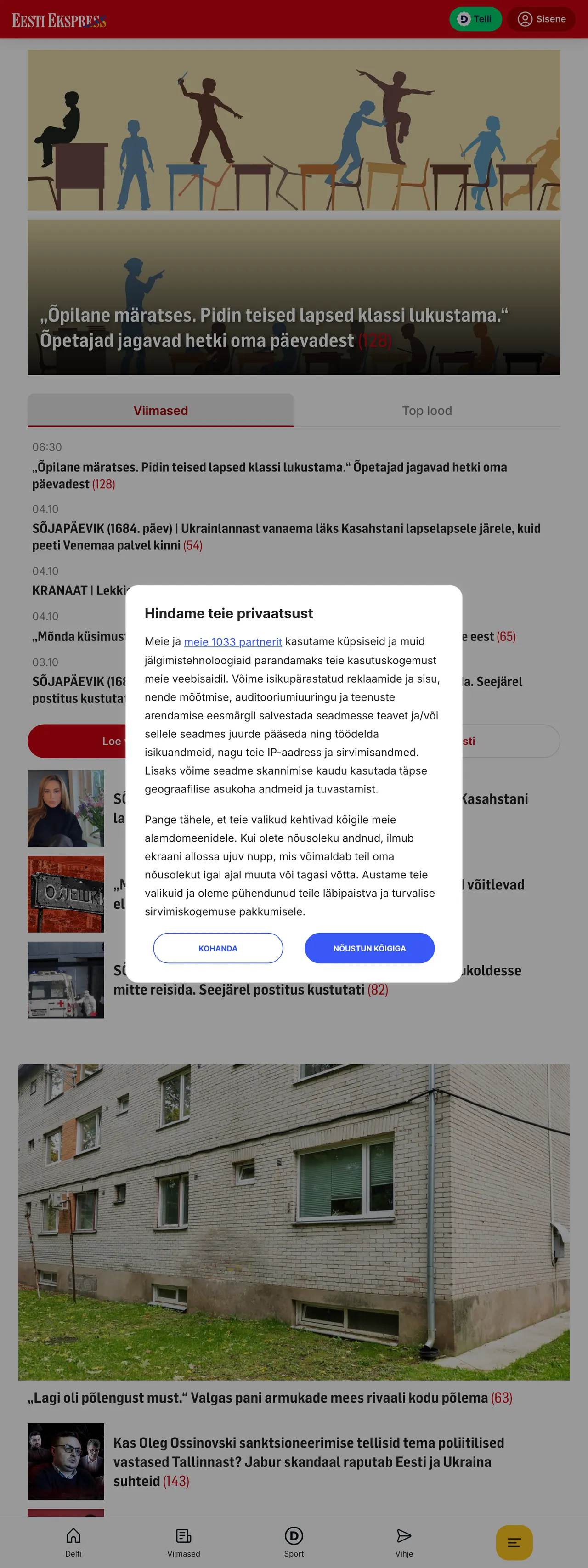 Screenshot of the Eesti Ekspress front page