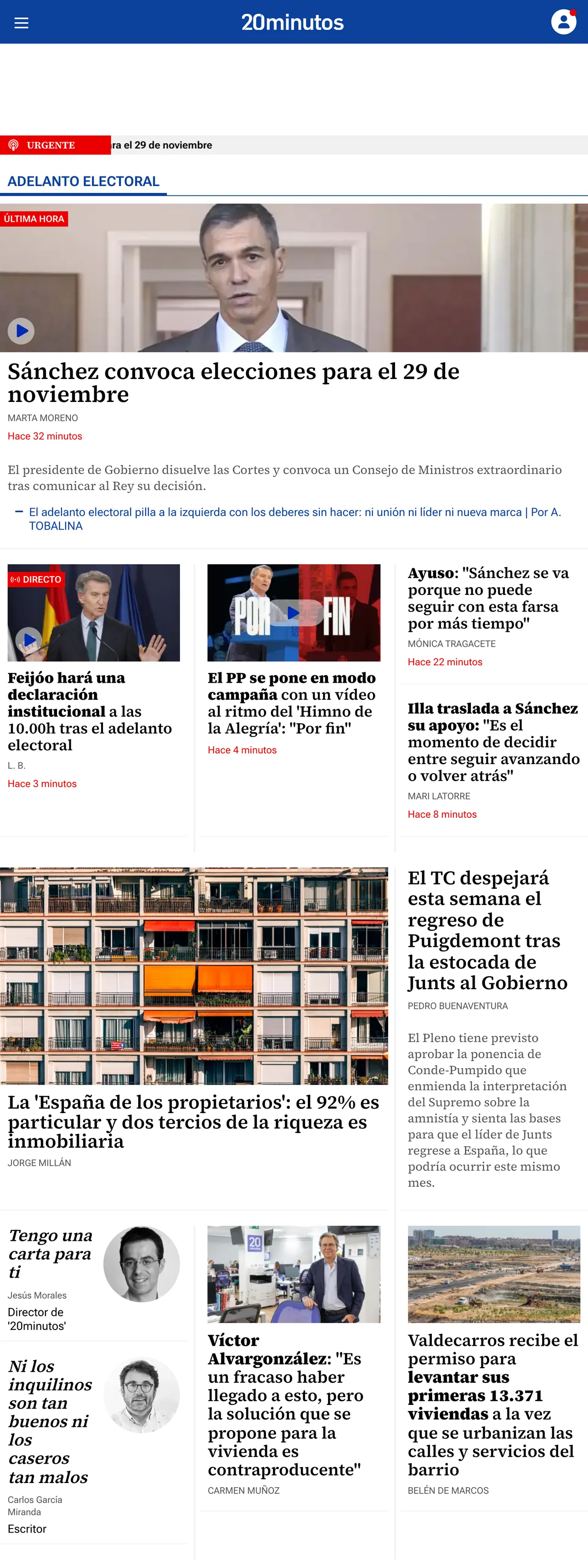 Screenshot of the 20minutos front page