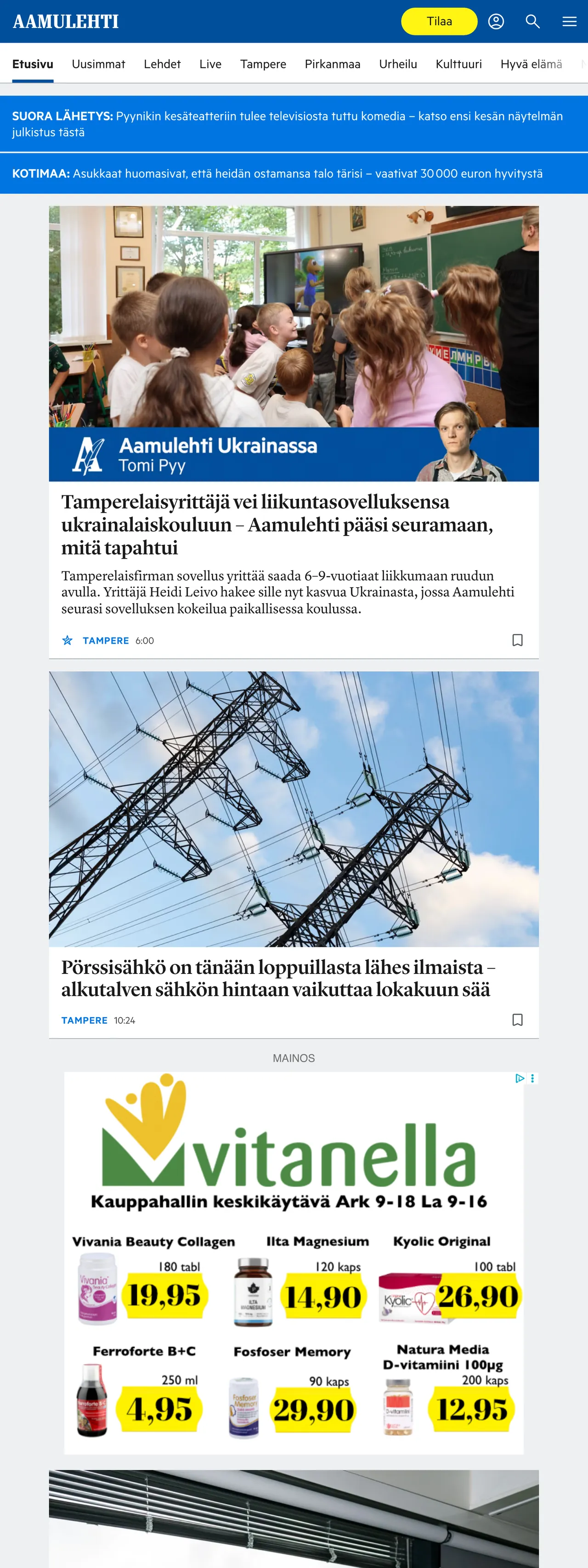 Screenshot of the Aamulehti front page