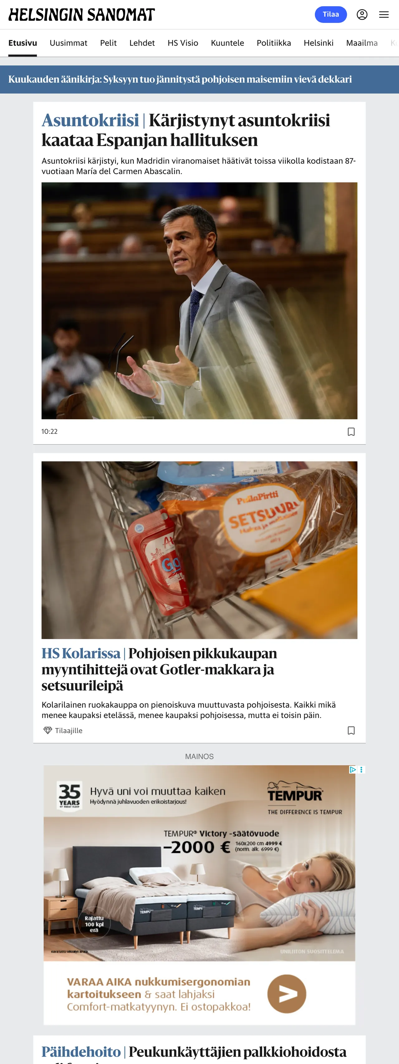 Screenshot of the Helsingin Sanomat front page