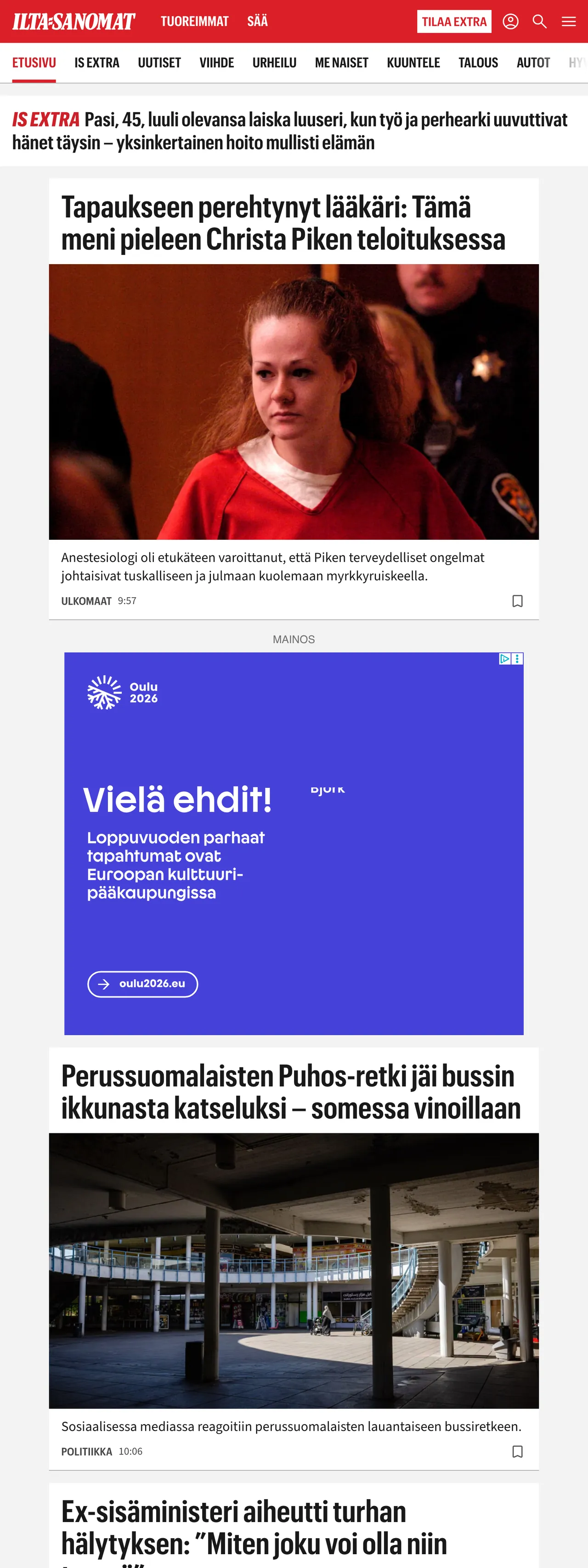 Screenshot of the Ilta-Sanomat front page