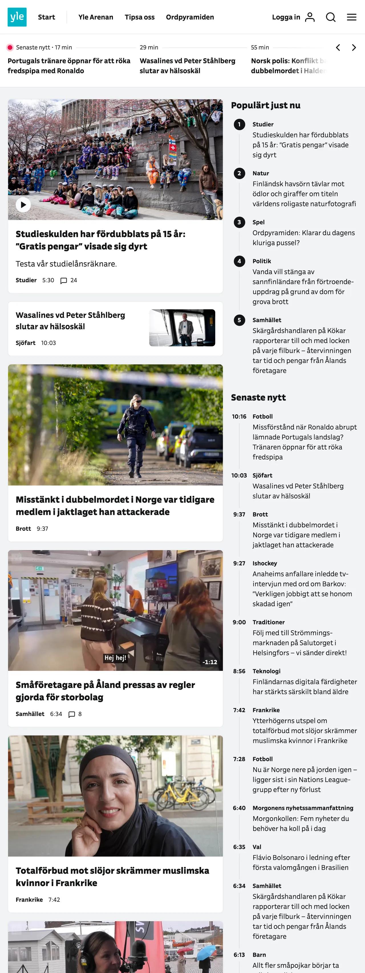 Screenshot of the Svenska Yle front page