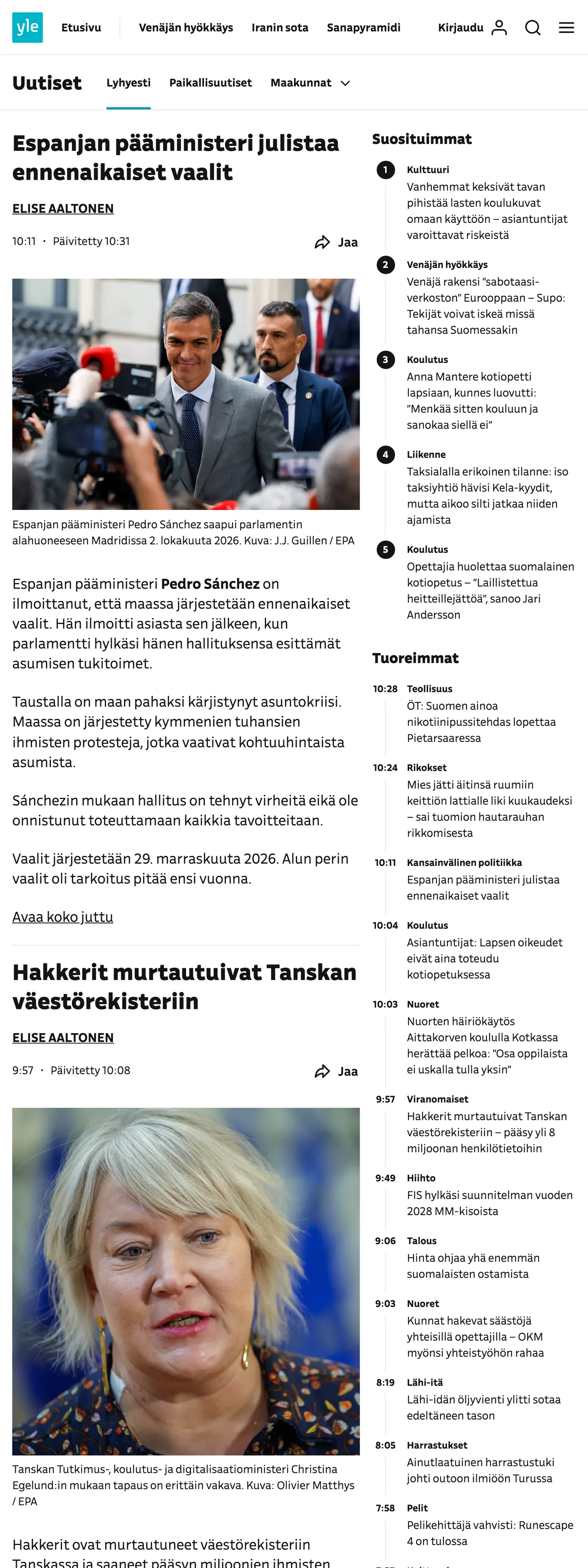 Screenshot of the Yle front page