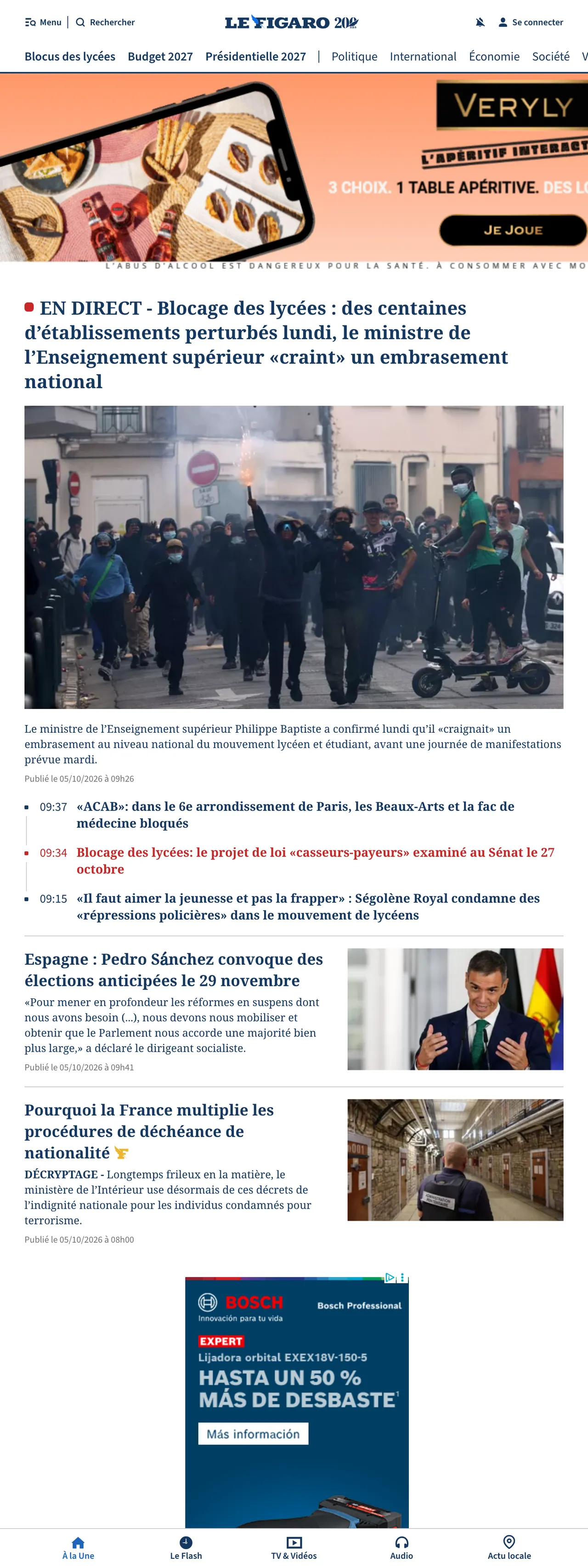 Screenshot of the Le Figaro front page