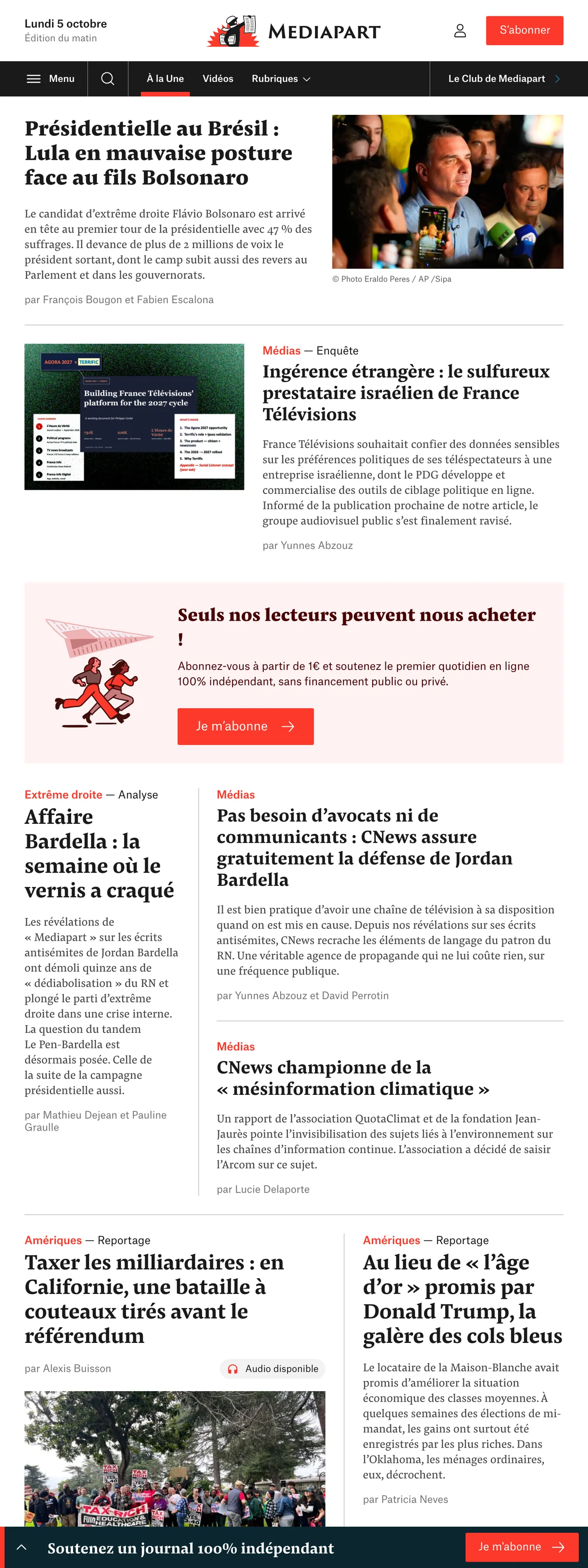 Screenshot of the Mediapart front page