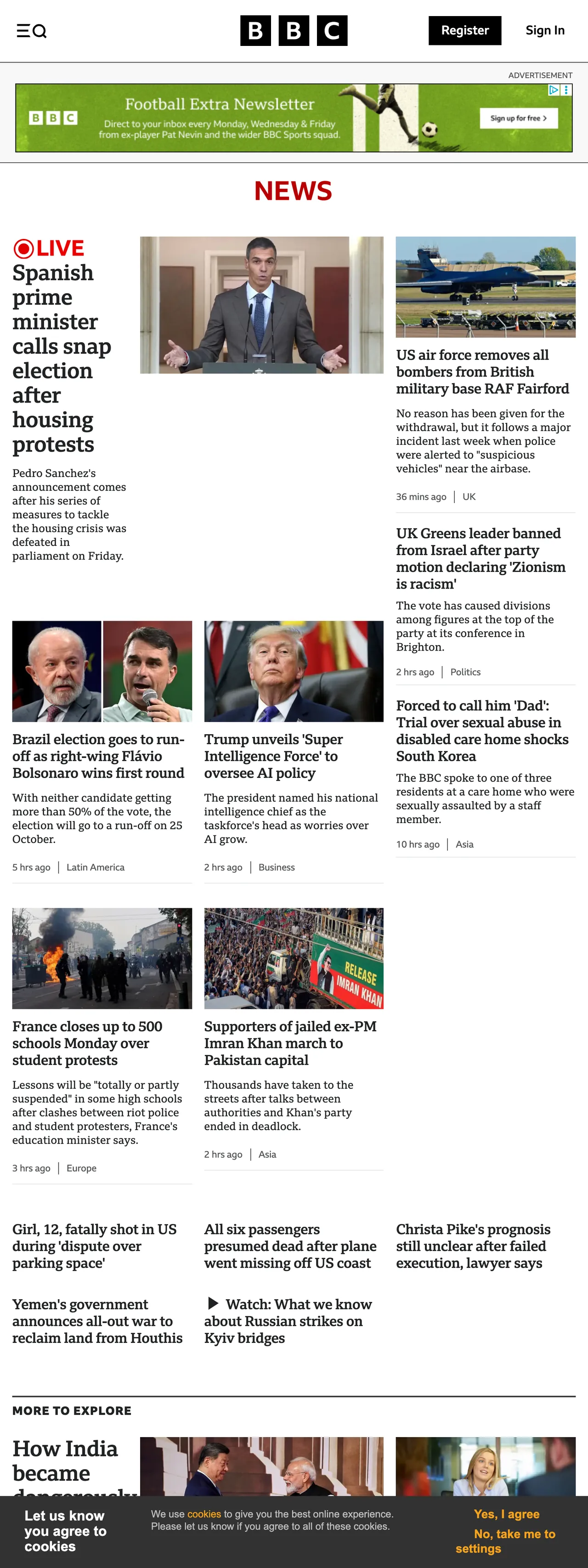 Screenshot of the BBC News front page