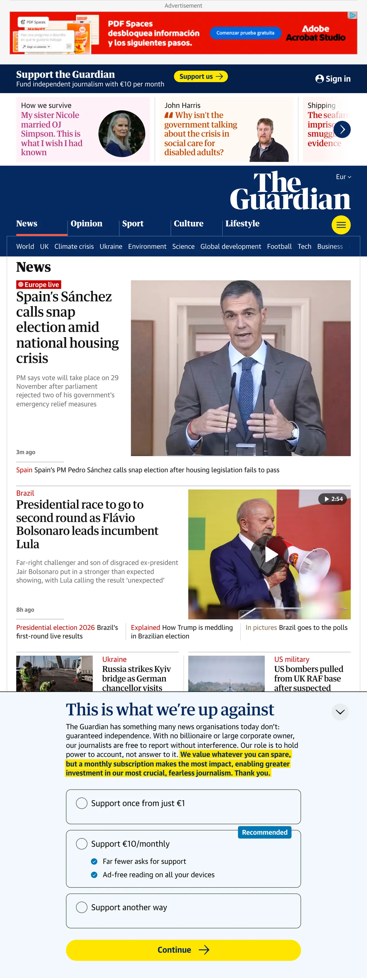 Screenshot of the The Guardian front page