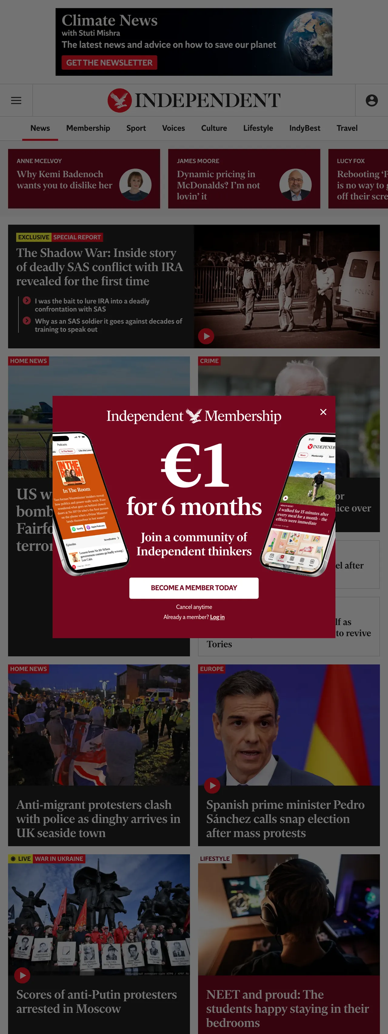 Screenshot of the The Independent front page