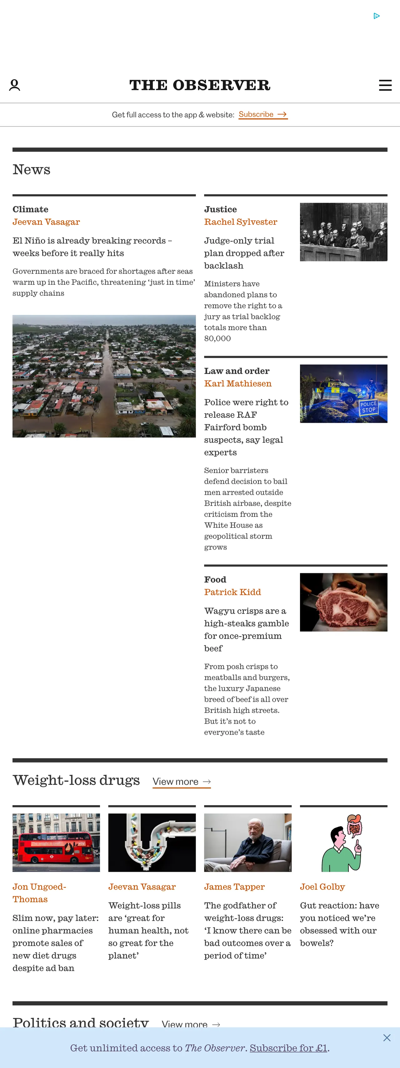 Screenshot of the The Observer front page