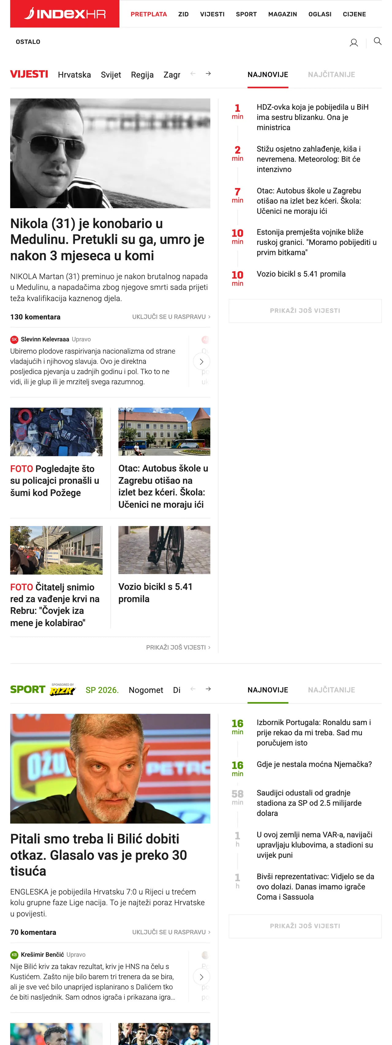 Screenshot of the Index.hr front page