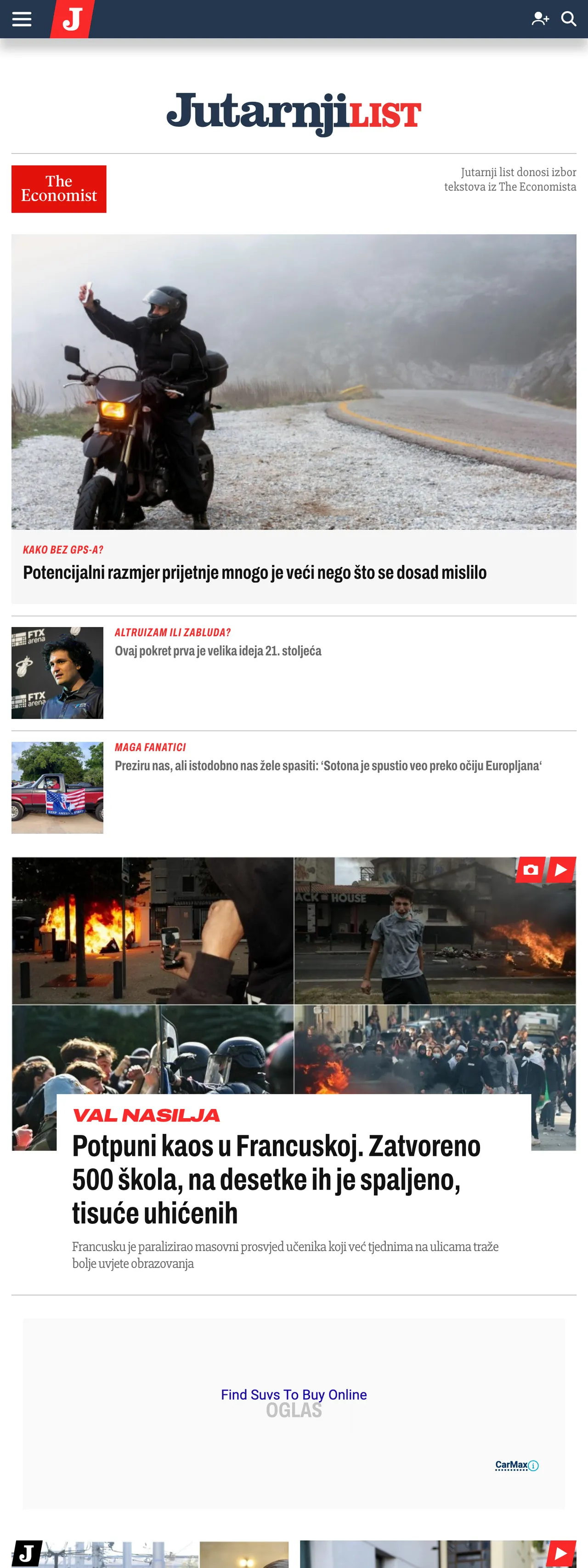 Screenshot of the Jutarnji list front page