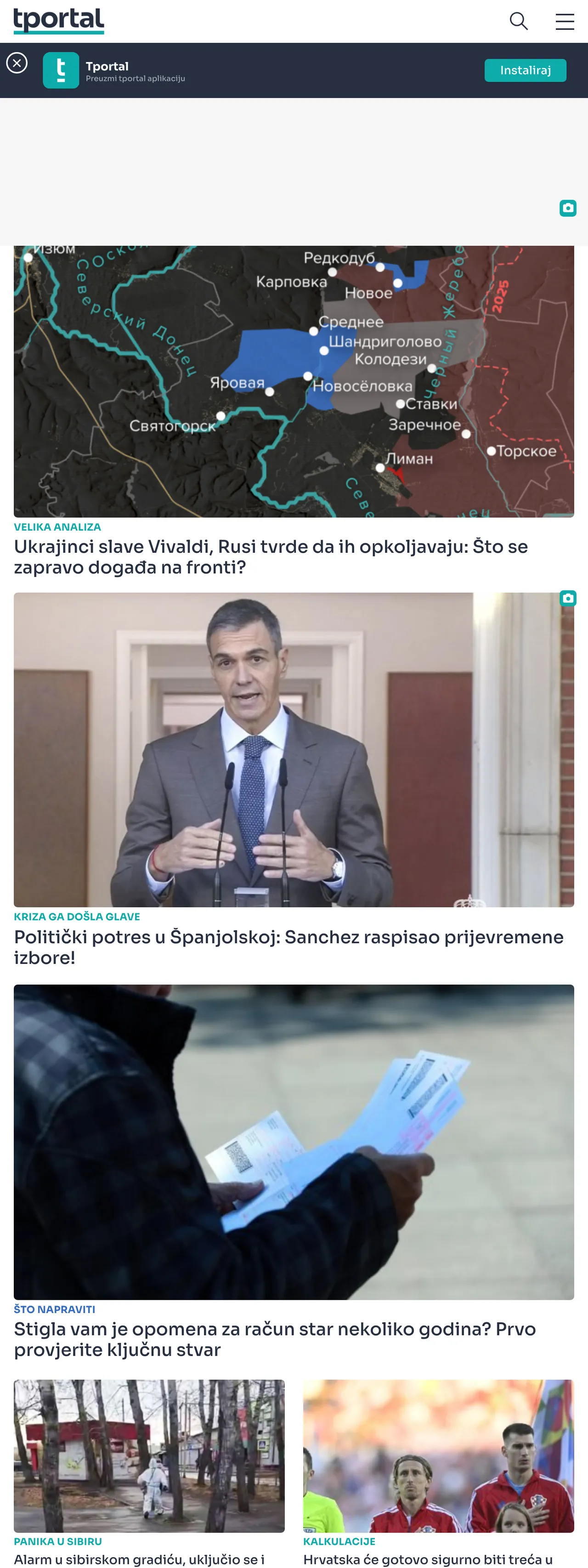Screenshot of the tportal front page
