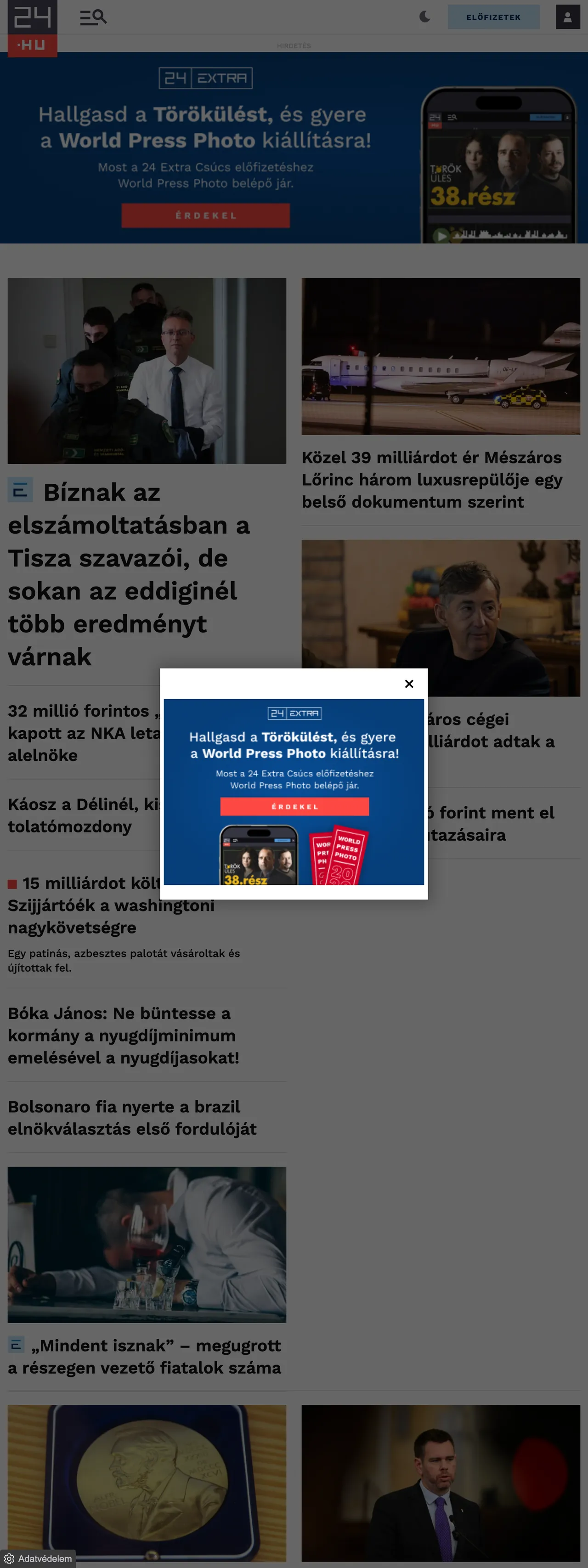 Screenshot of the 24.hu front page