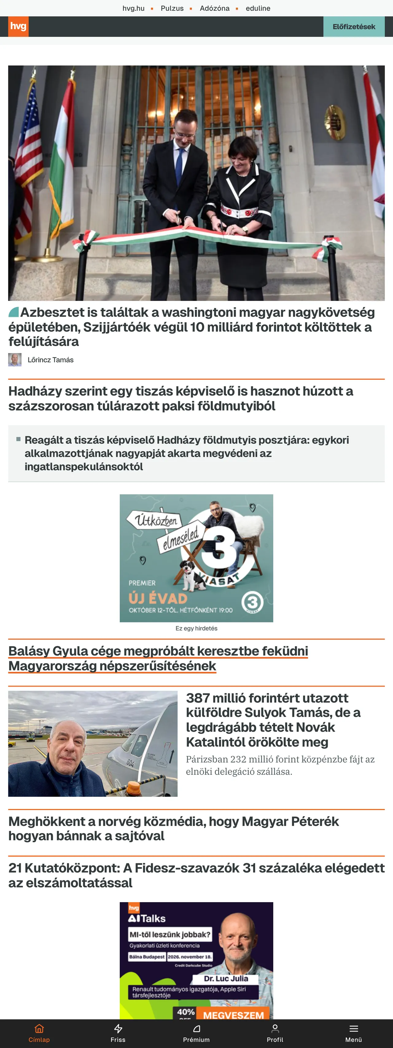 Screenshot of the HVG front page