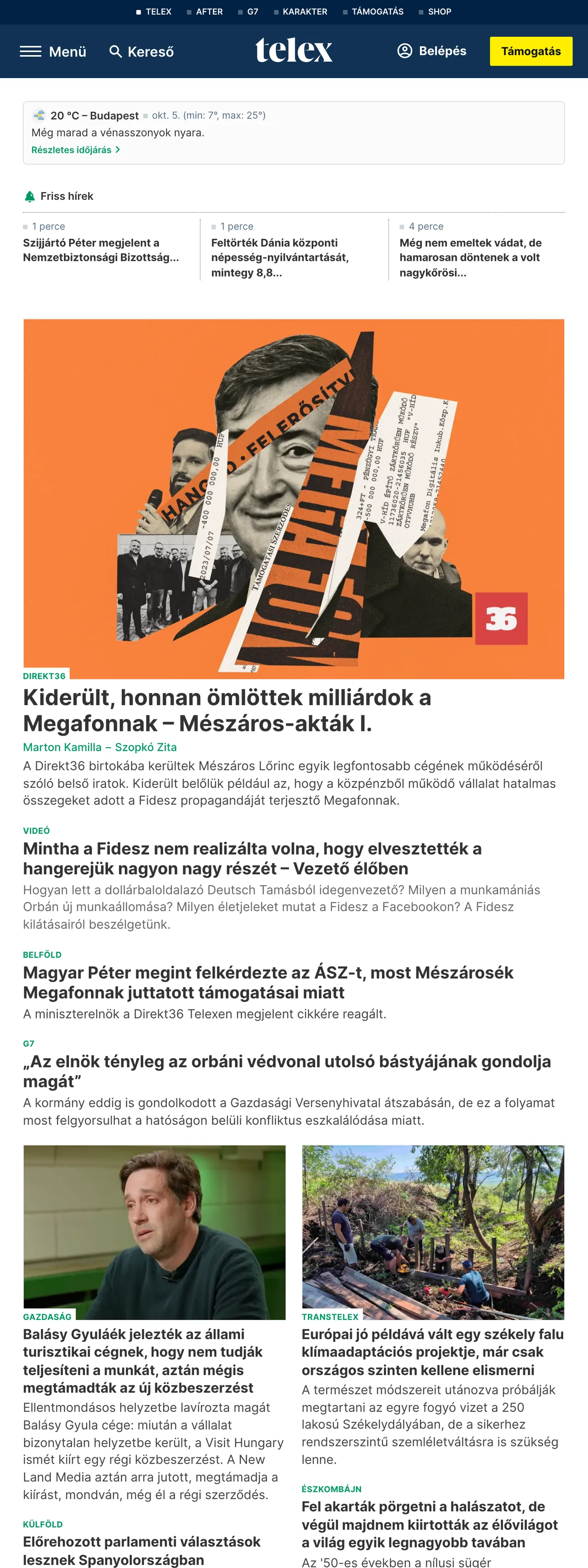 Screenshot of the Telex front page