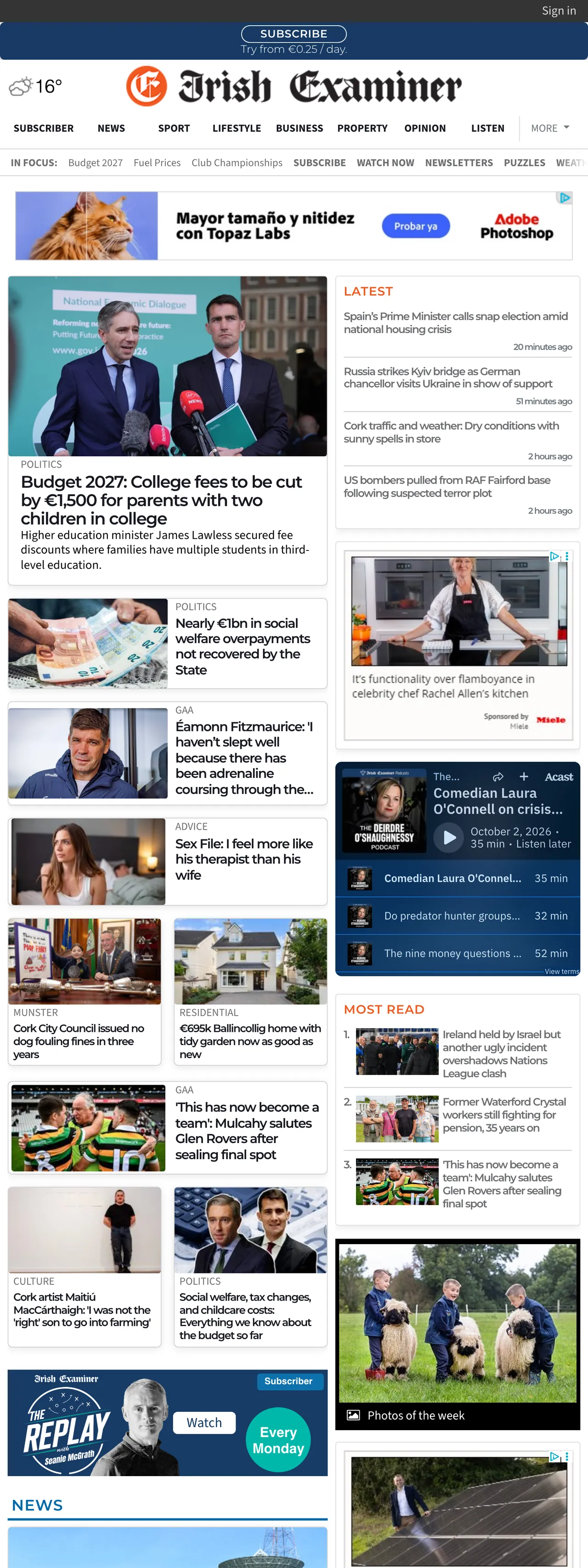 Screenshot of the Irish Examiner front page