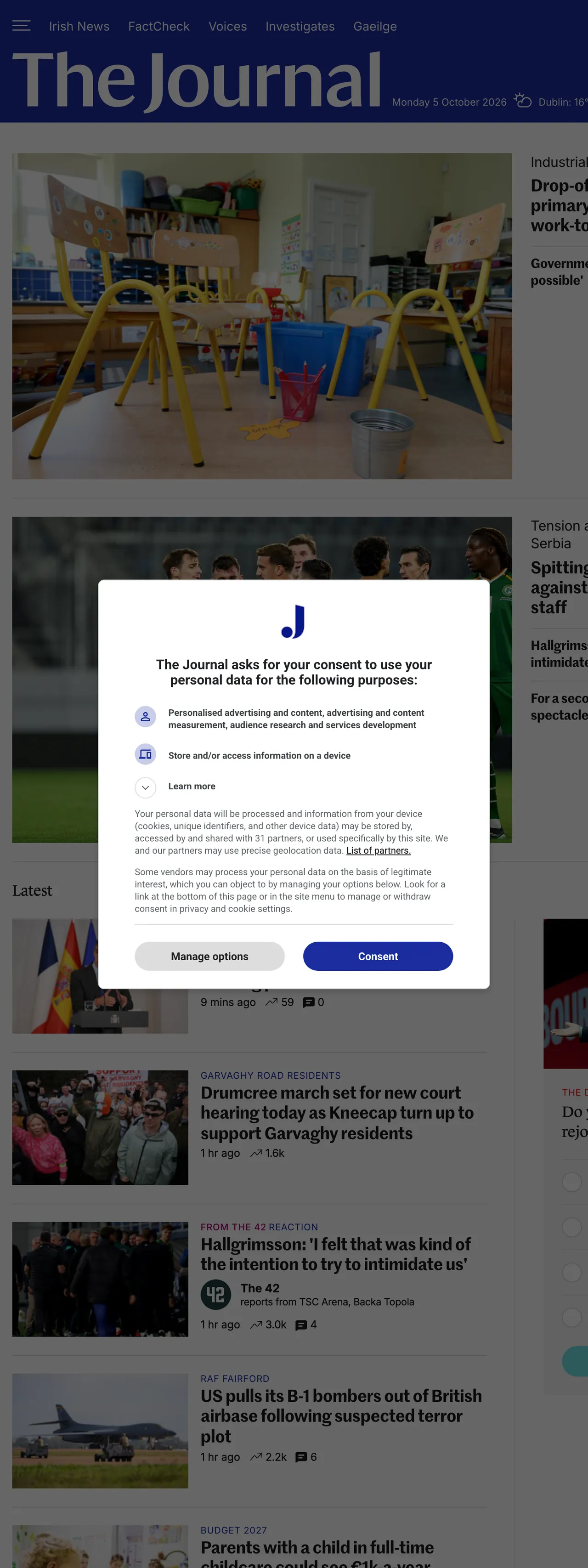 Screenshot of the TheJournal.ie front page