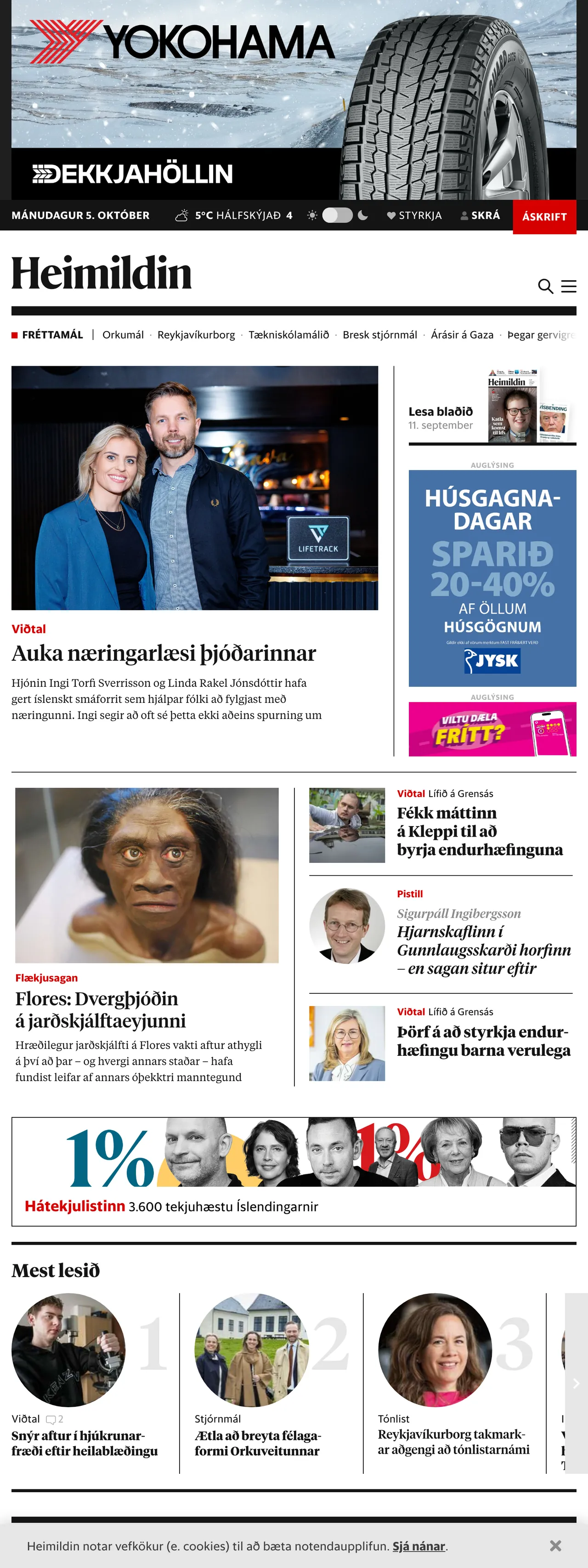 Screenshot of the Heimildin front page