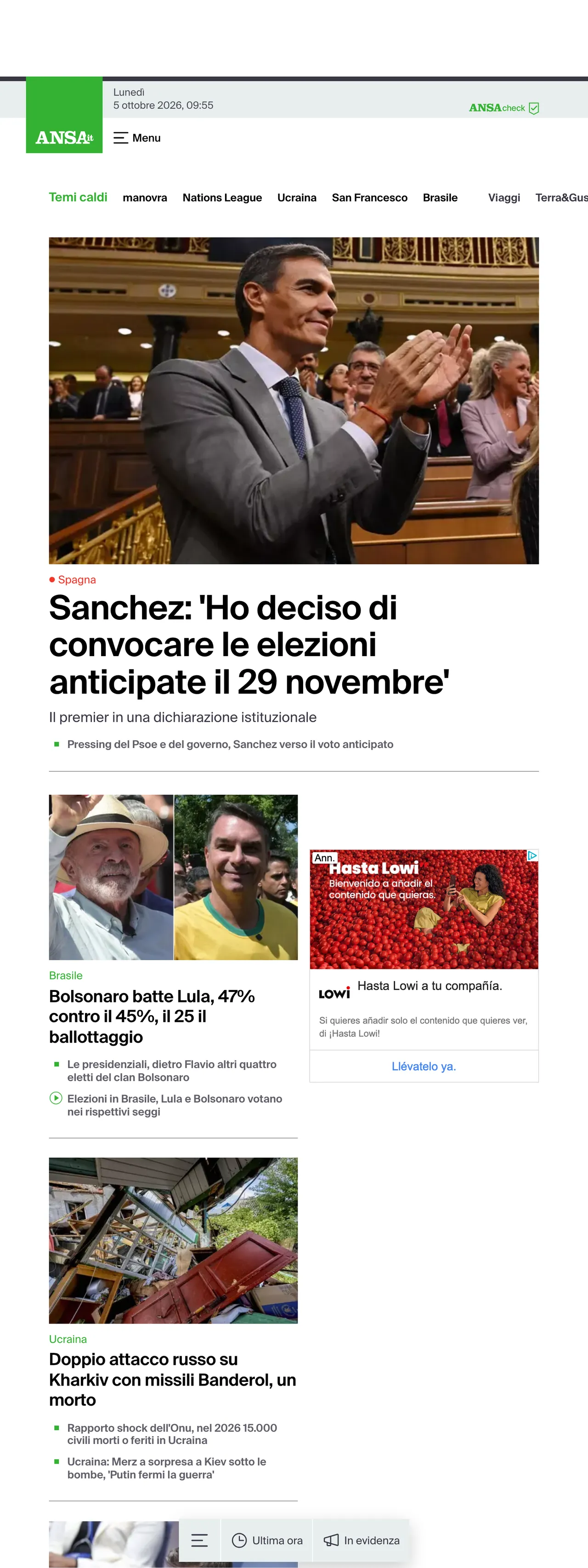 Screenshot of the ANSA front page