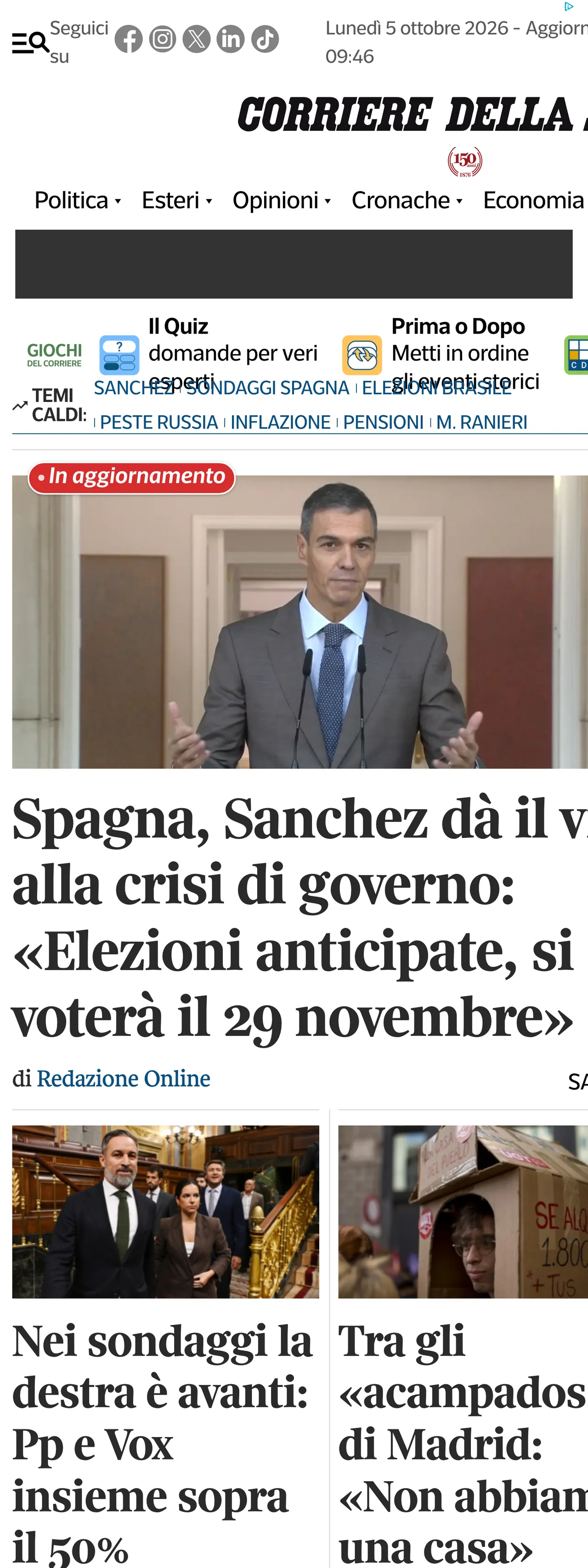 Screenshot of the Corriere della Sera front page