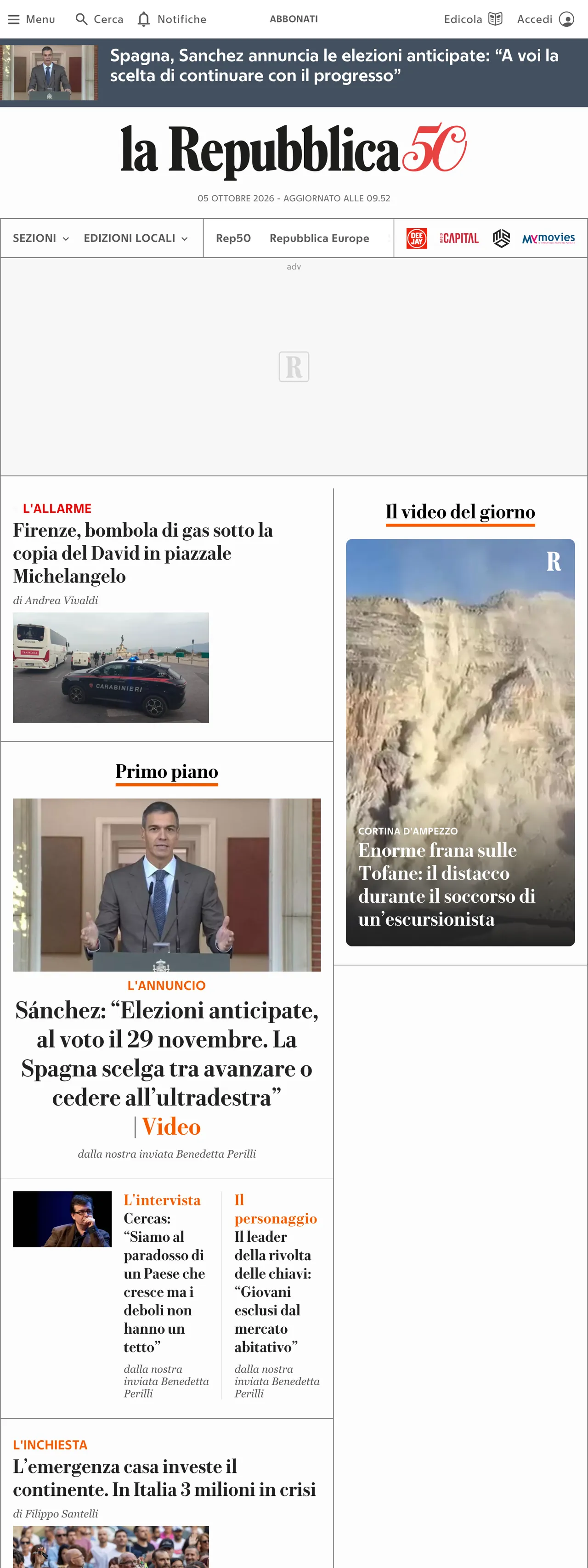 Screenshot of the la Repubblica front page