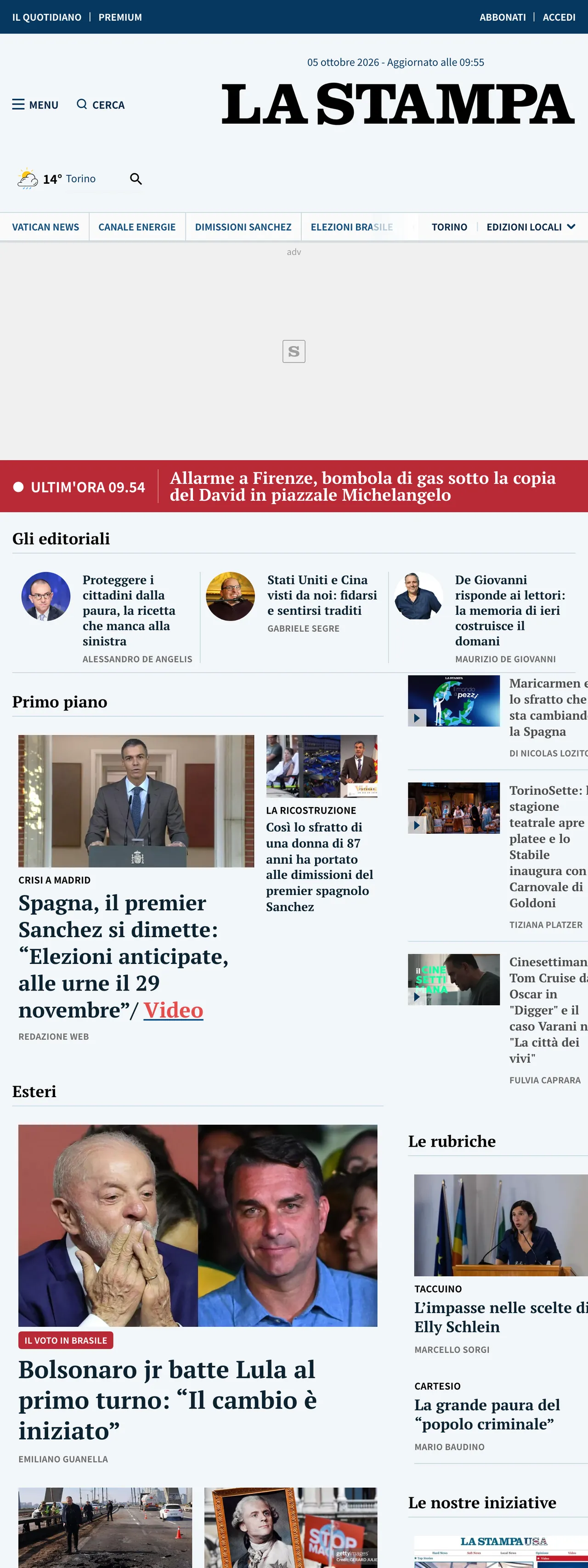 Screenshot of the La Stampa front page