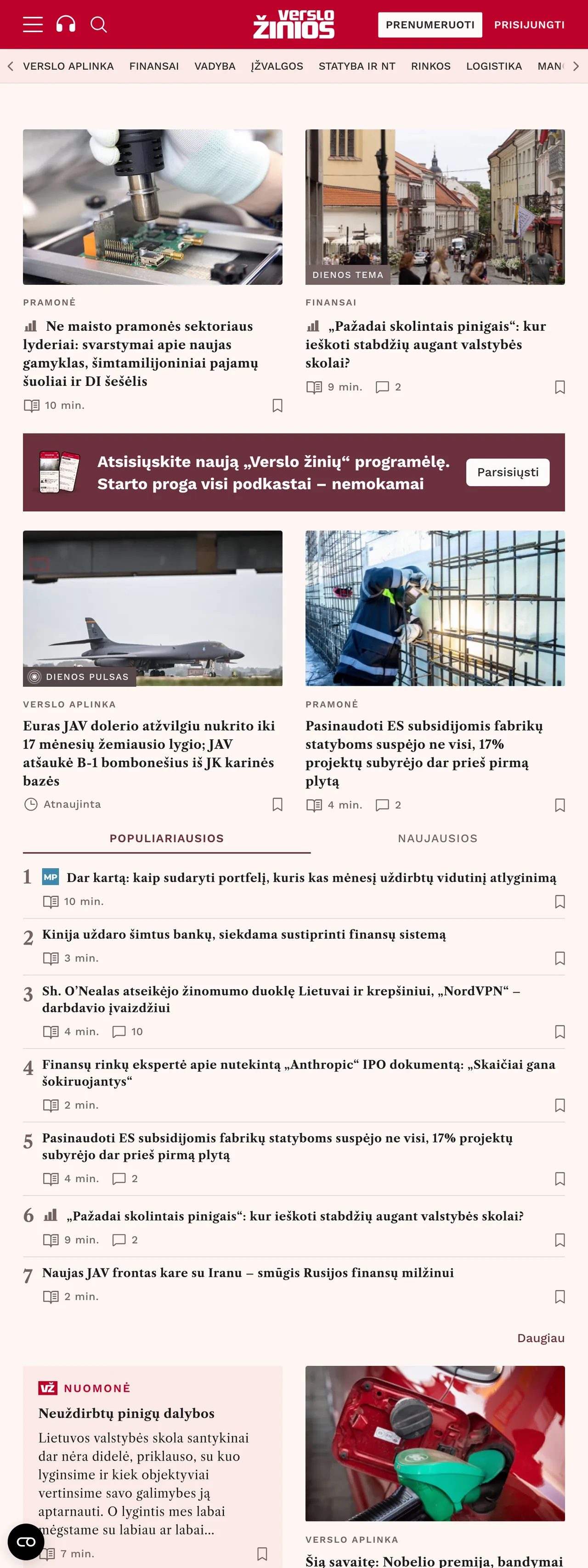 Screenshot of the Verslo žinios front page