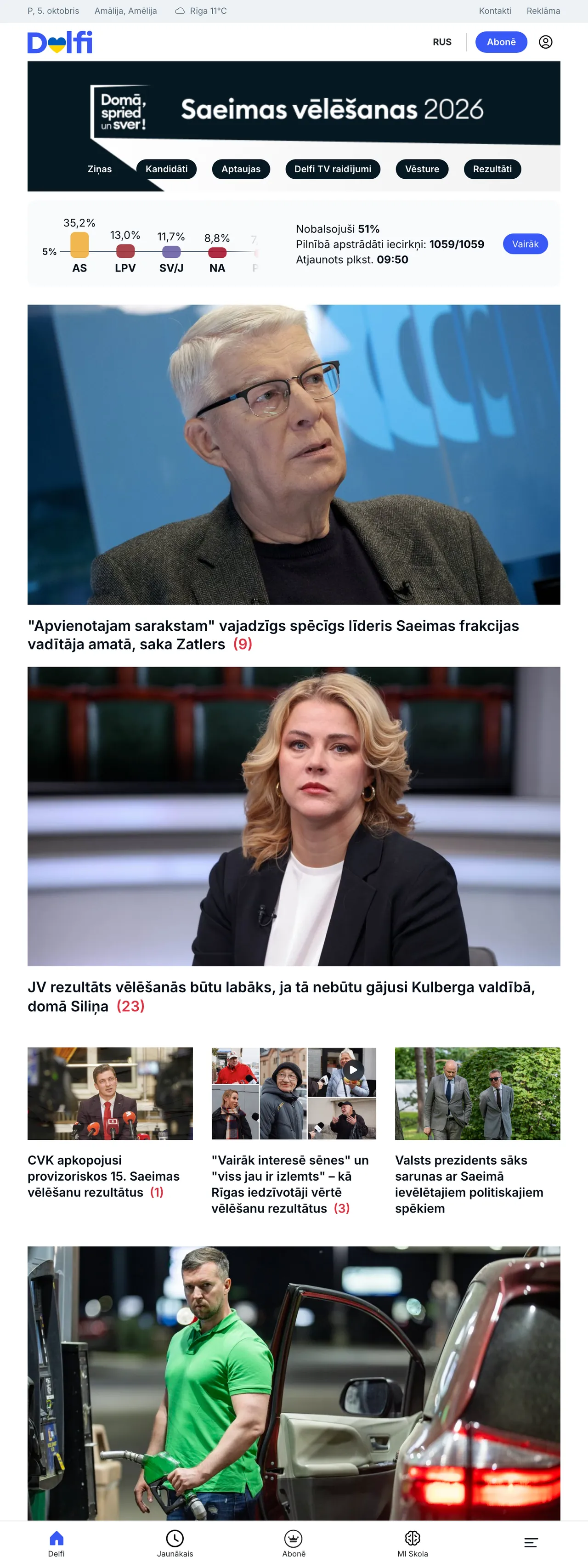 Screenshot of the Delfi front page
