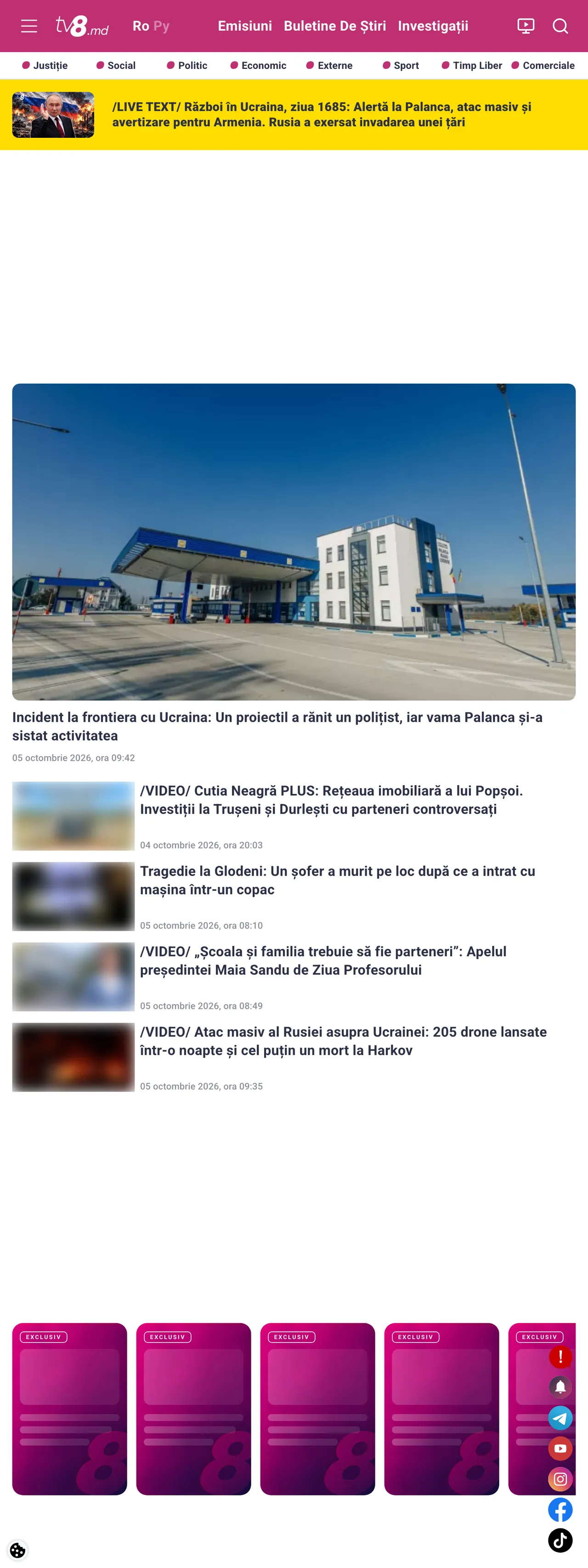 Screenshot of the TV8 front page