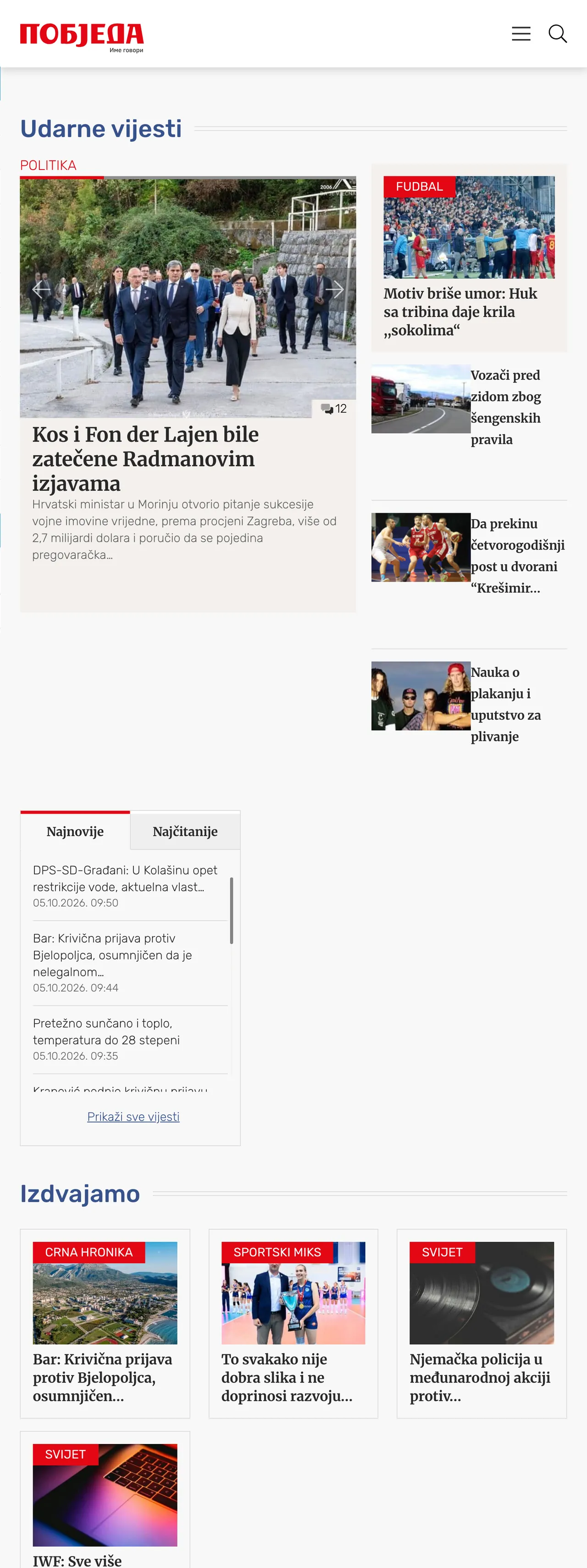 Screenshot of the Pobjeda front page