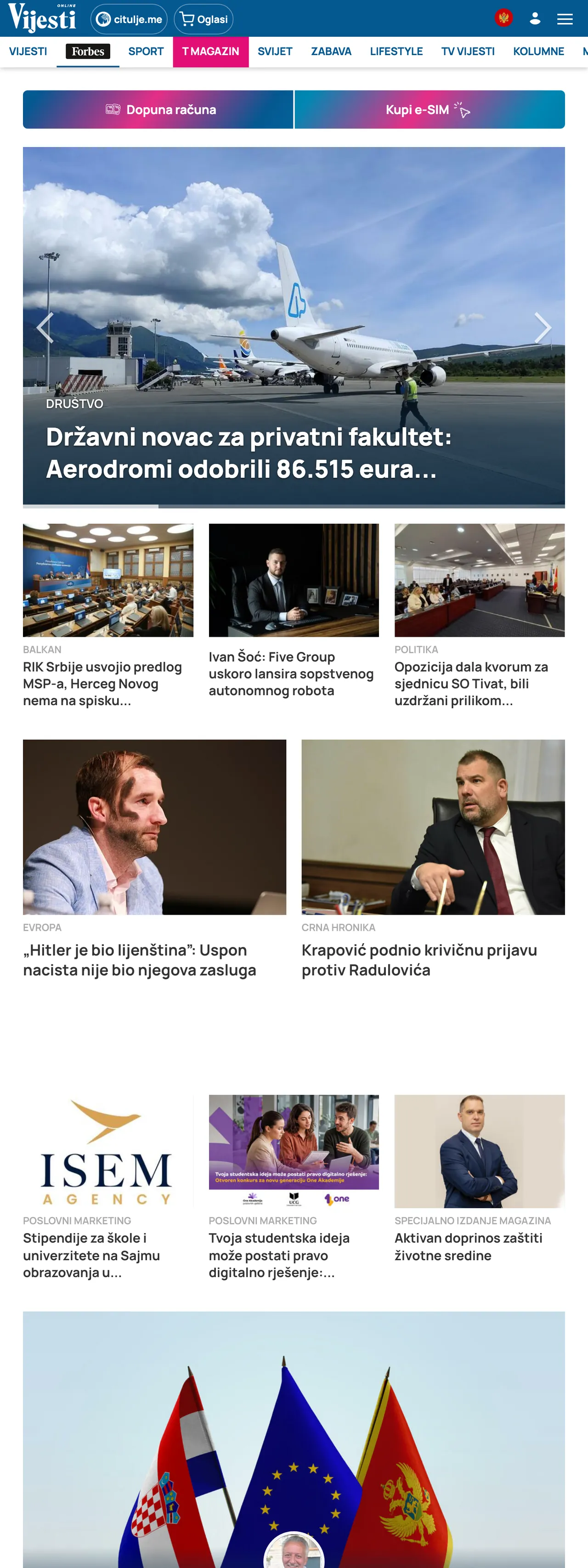 Screenshot of the Vijesti front page